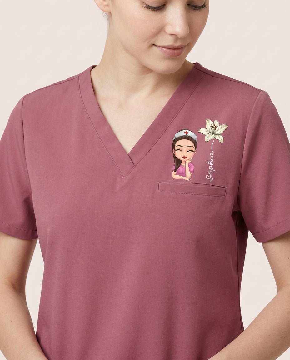 Personalized Nurse, Name And Birth Month Flower Women's One-Pocket V-neck Scrub Top - Scrubloop
