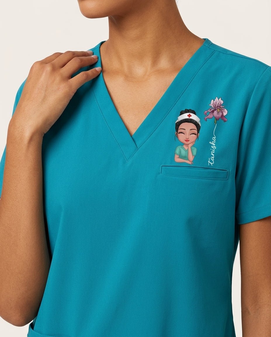 Personalized Nurse, Name And Birth Month Flower Women's One-Pocket V-neck Scrub Top - Scrubloop
