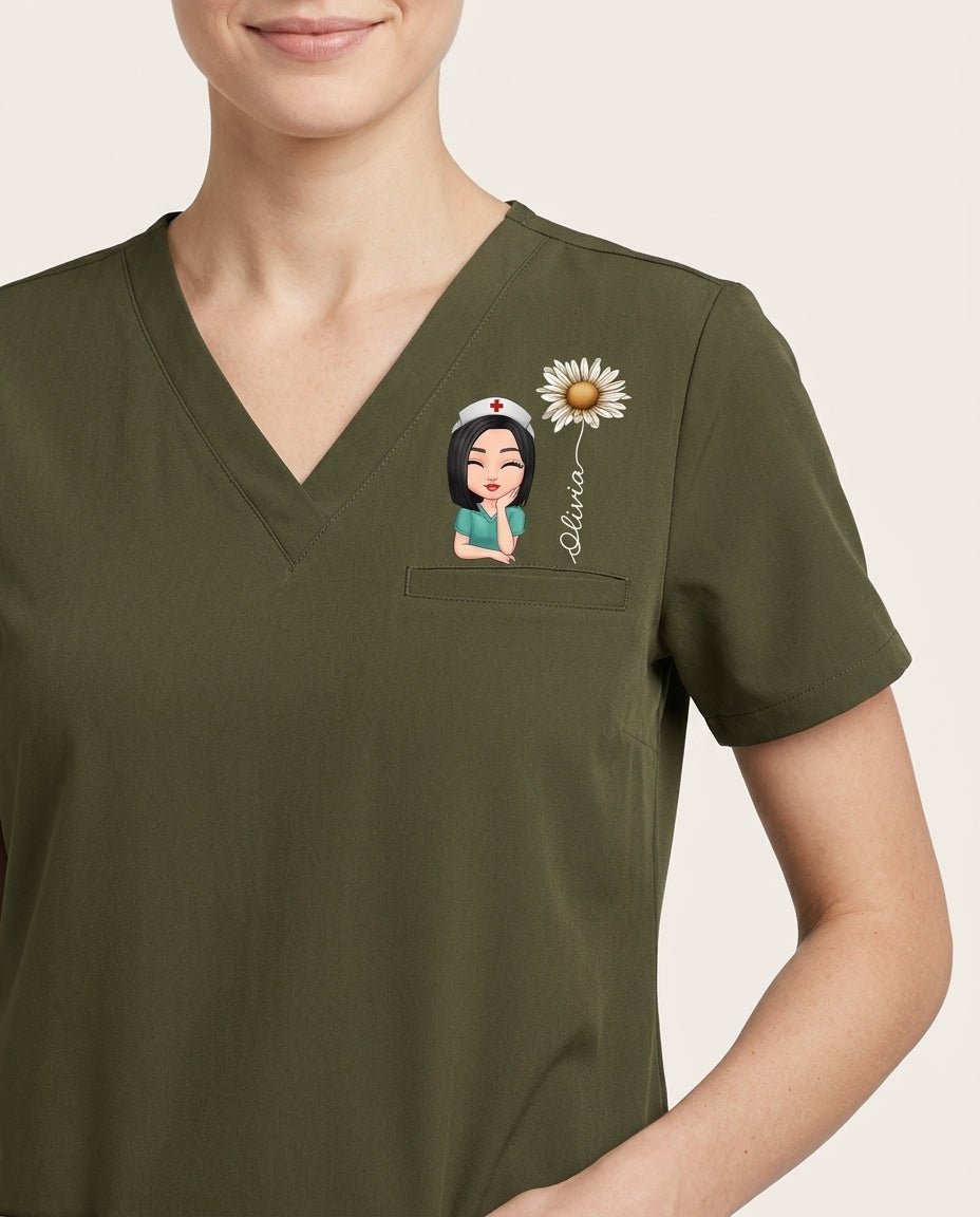 Personalized Nurse, Name And Birth Month Flower Women's One-Pocket V-neck Scrub Top - Scrubloop