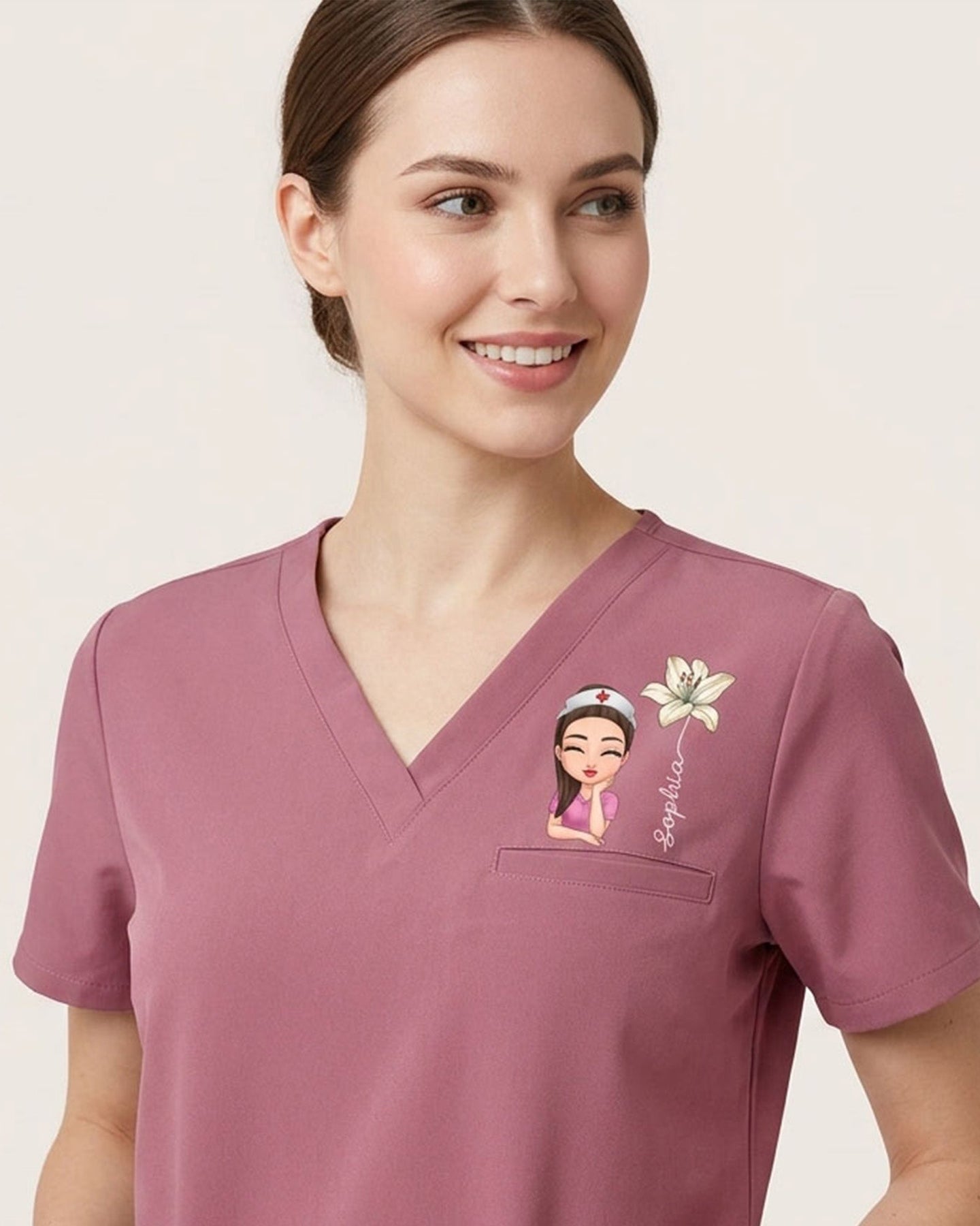 Personalized Nurse, Name And Birth Month Flower Women's One-Pocket V-neck Scrub Top - Scrubloop