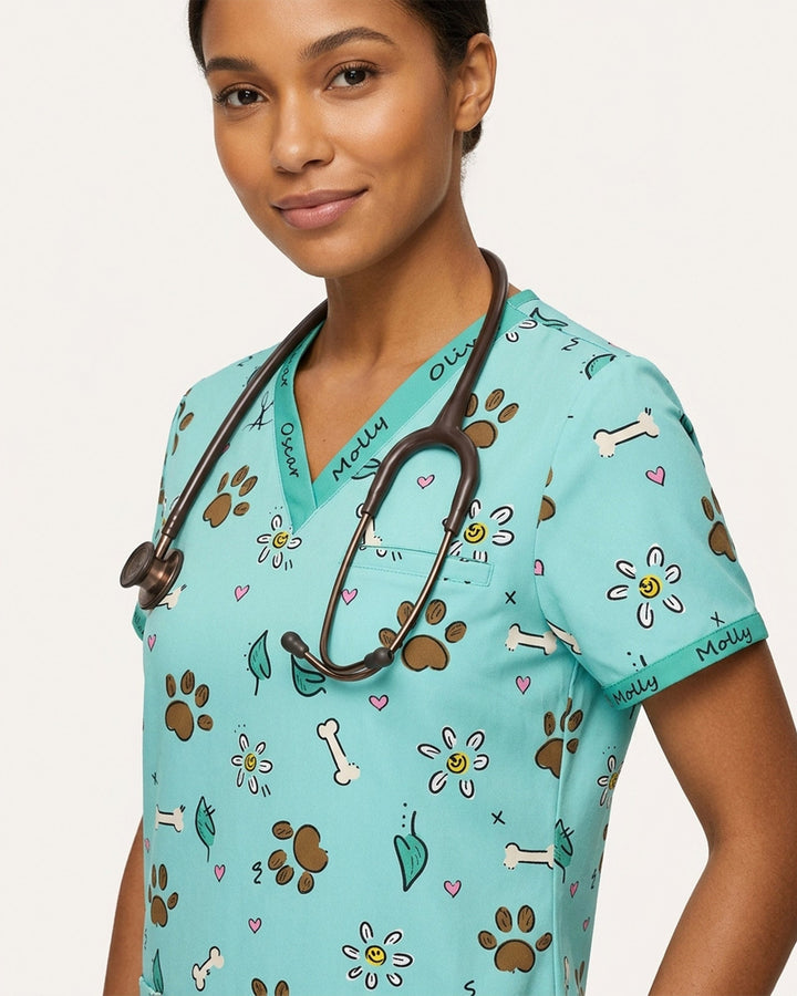 Personalized Pet Name Nurse Dog Mom Cat Mom Paw And Flower Pattern Top