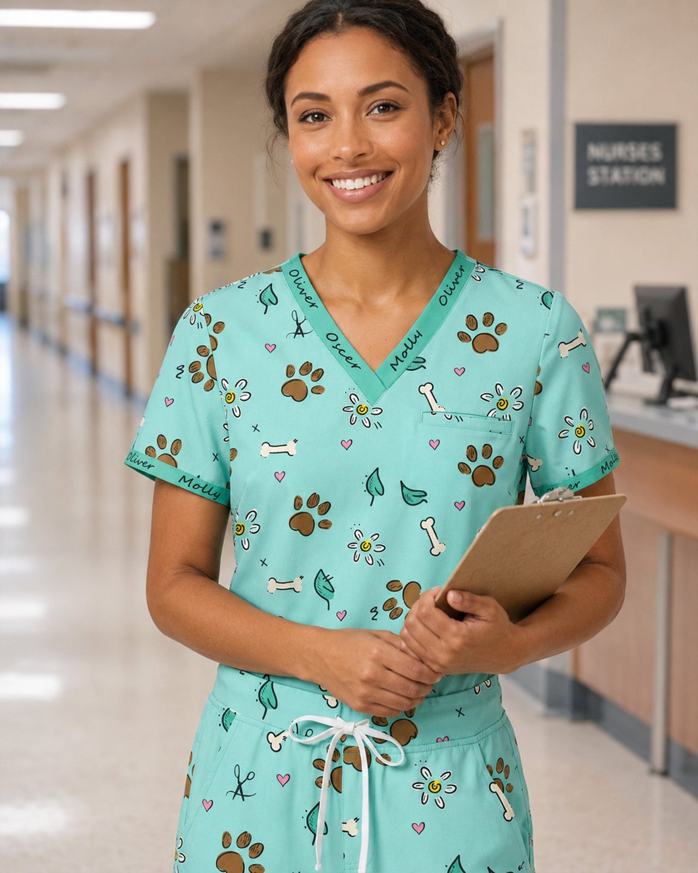 Personalized Pet Name Nurse Dog Mom Cat Mom Paw And Flower Pattern Top - Scrubloop
