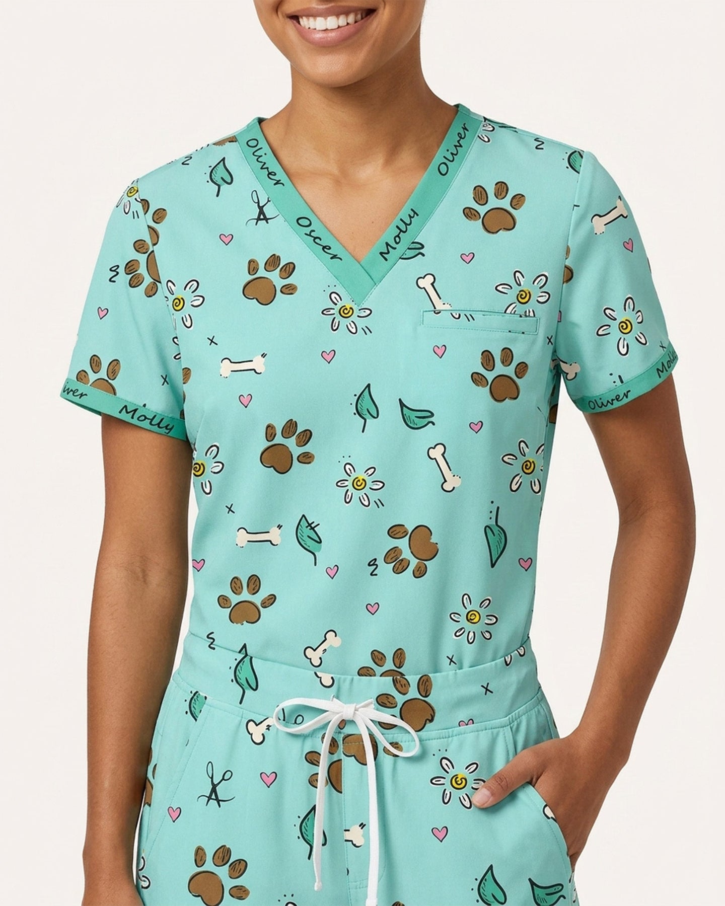 Personalized Pet Name Nurse Dog Mom Cat Mom Paw And Flower Pattern Top - Scrubloop