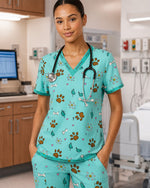 Personalized Pet Name Nurse Dog Mom Cat Mom Paw And Flower Pattern Women's One-Pocket V-neck Scrub Set - Scrubloop