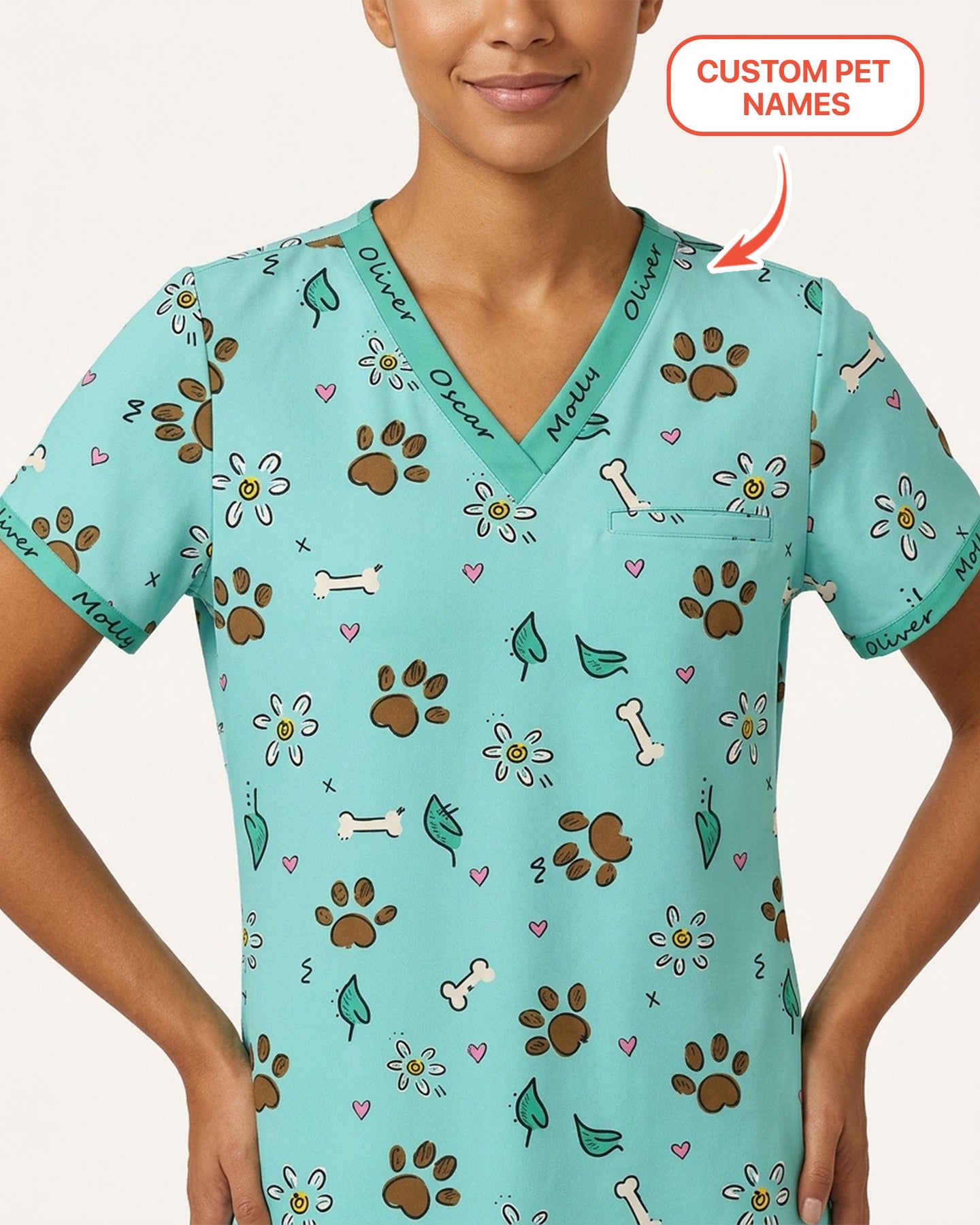Personalized Pet Name Nurse Dog Mom Cat Mom Paw And Flower Pattern Women's One-Pocket V-neck Scrub Set - Scrubloop