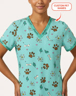 Personalized Pet Name Nurse Dog Mom Cat Mom Paw And Flower Pattern Women's One-Pocket V-neck Scrub Set - Scrubloop