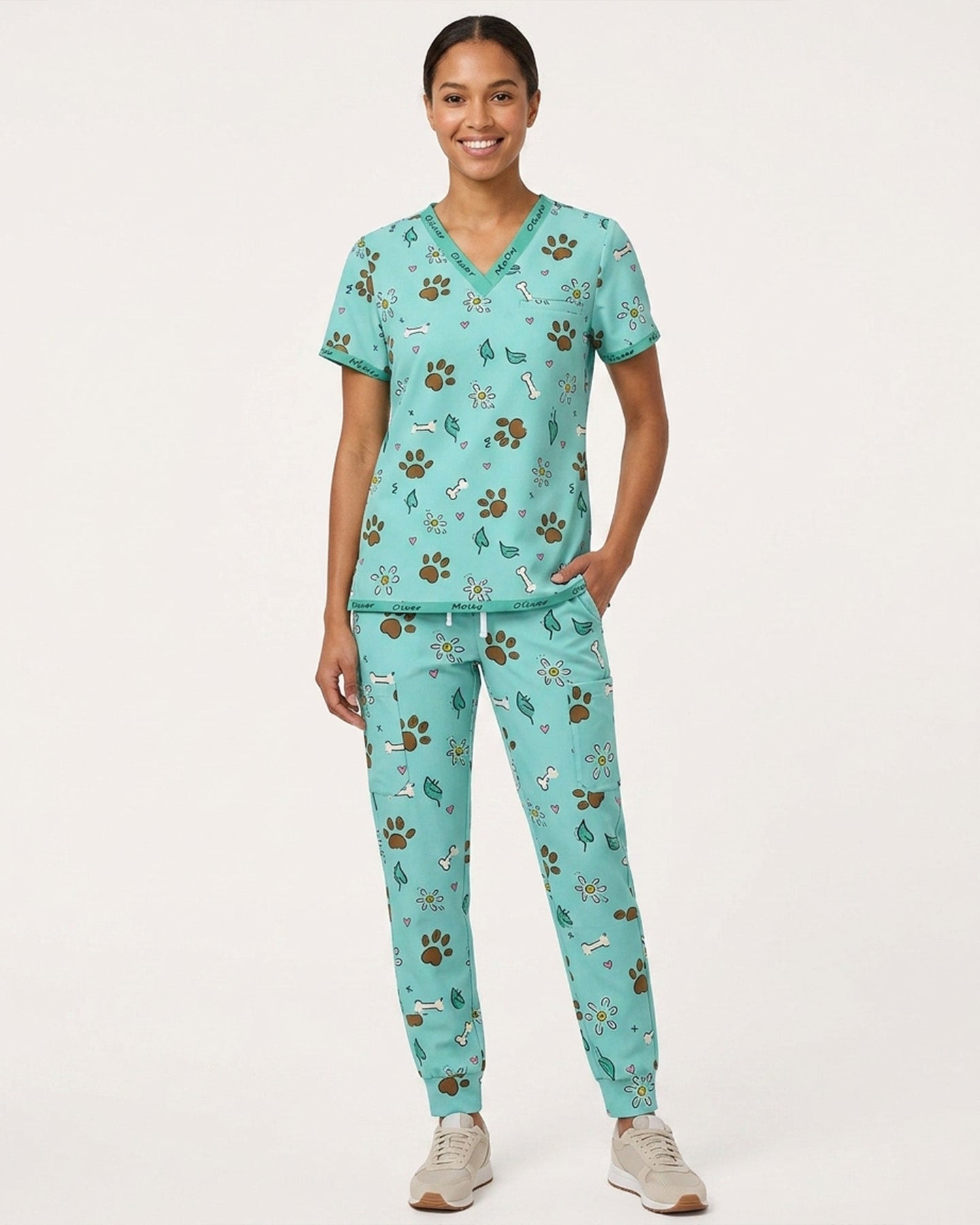 Personalized Pet Name Nurse Dog Mom Cat Mom Paw And Flower Pattern Women's One-Pocket V-neck Scrub Set - Scrubloop