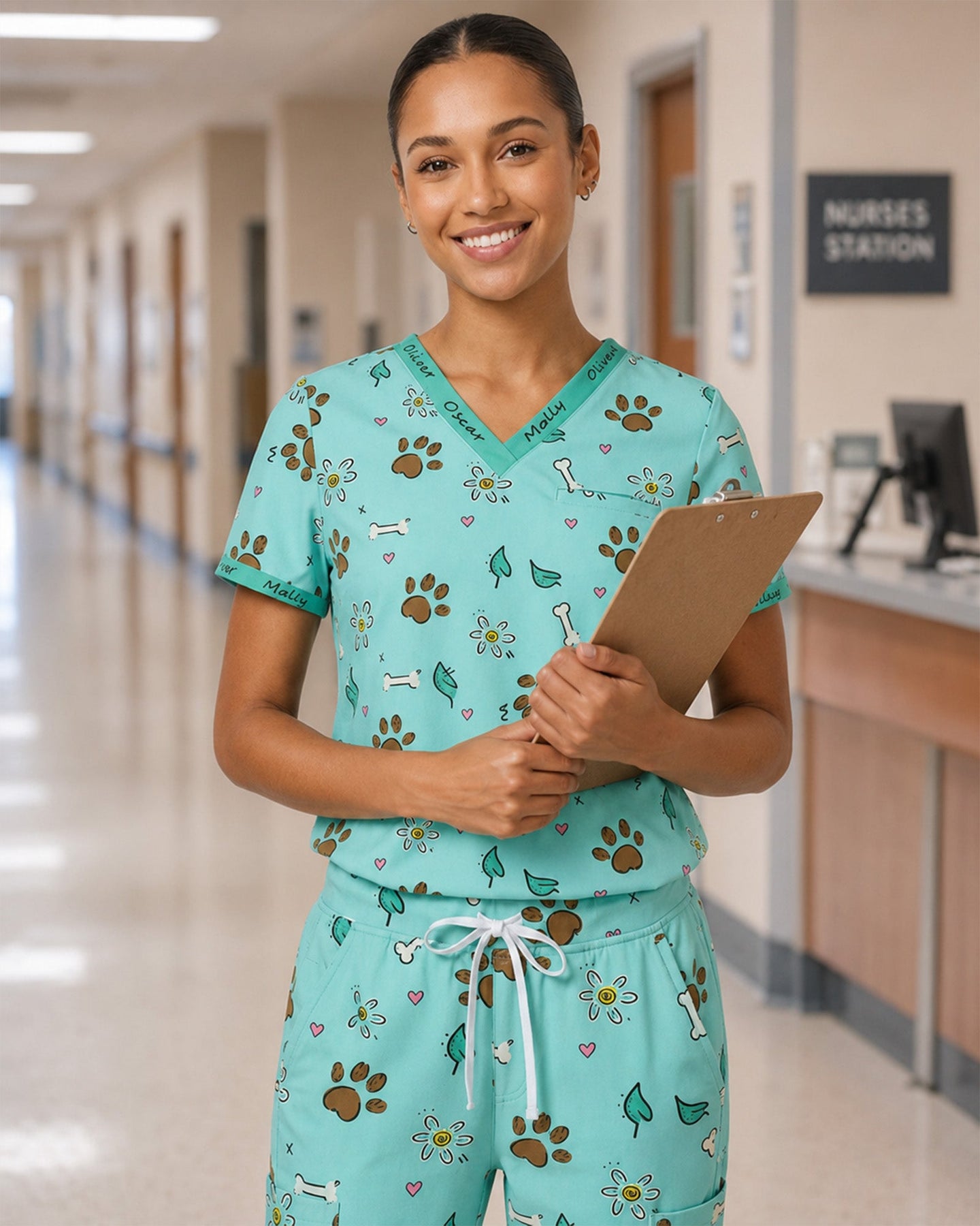 Personalized Pet Name Nurse Dog Mom Cat Mom Paw And Flower Pattern Women's One-Pocket V-neck Scrub Set - Scrubloop