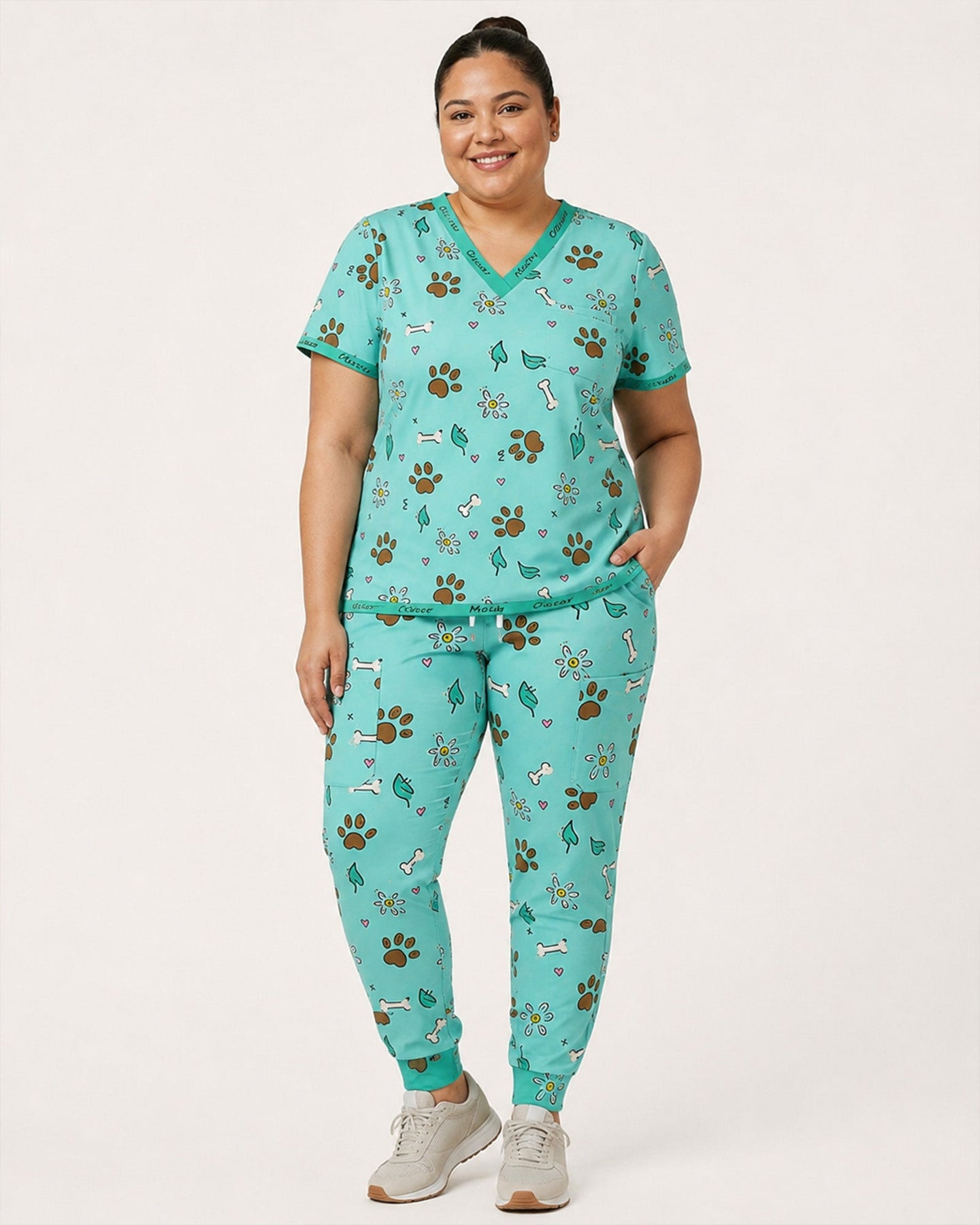 Personalized Pet Name Nurse Dog Mom Cat Mom Paw And Flower Pattern Women's One-Pocket V-neck Scrub Set - Scrubloop