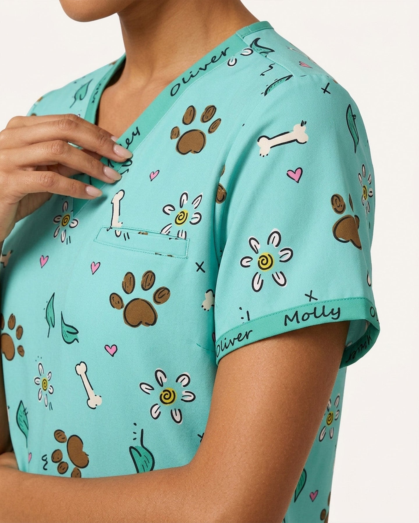 Personalized Pet Name Nurse Dog Mom Cat Mom Paw And Flower Pattern Women's One-Pocket V-neck Scrub Set - Scrubloop
