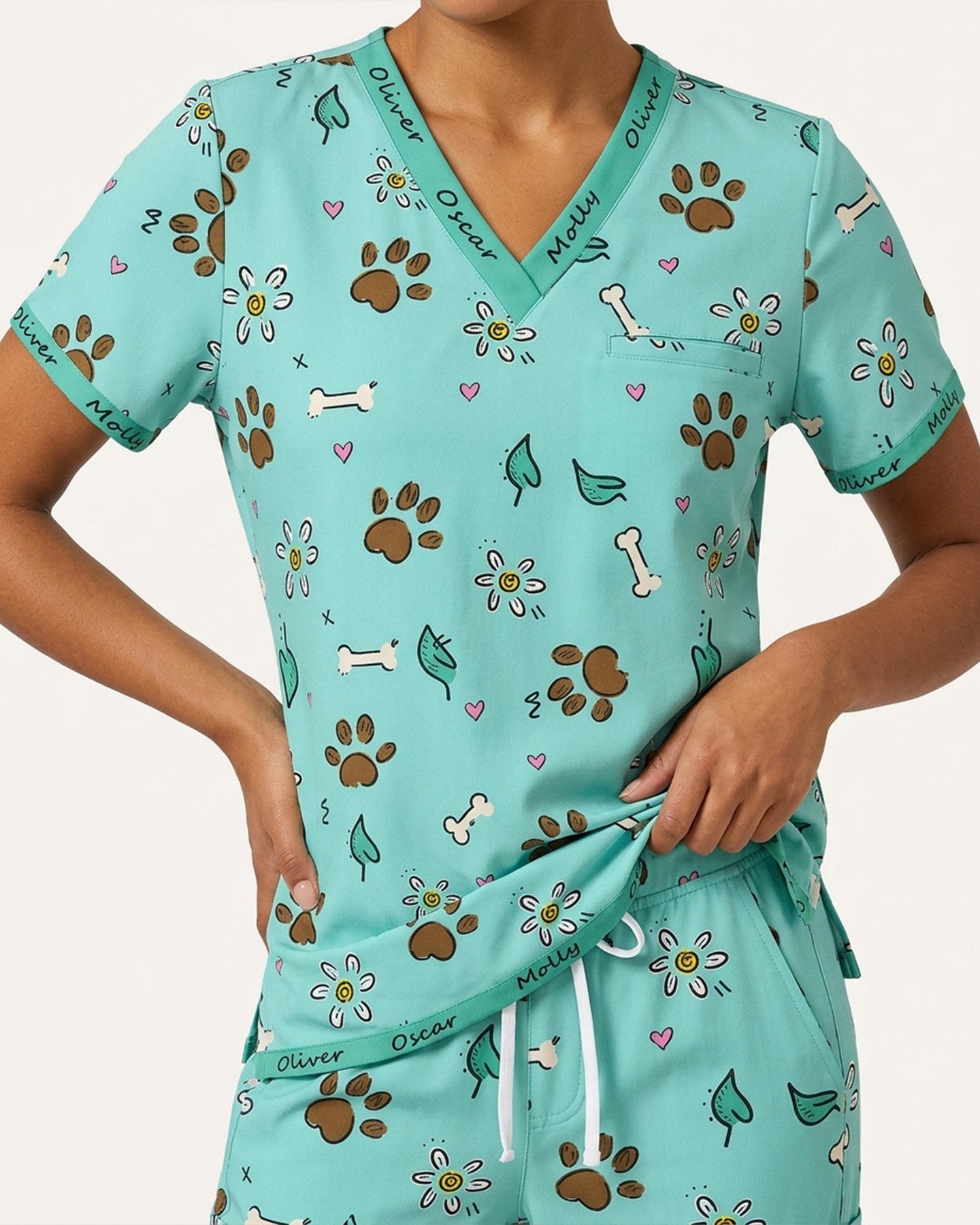 Personalized Pet Name Nurse Dog Mom Cat Mom Paw And Flower Pattern Women's One-Pocket V-neck Scrub Set - Scrubloop