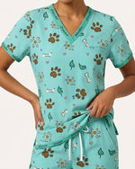 Personalized Pet Name Nurse Dog Mom Cat Mom Paw And Flower Pattern Women's One-Pocket V-neck Scrub Set - Scrubloop