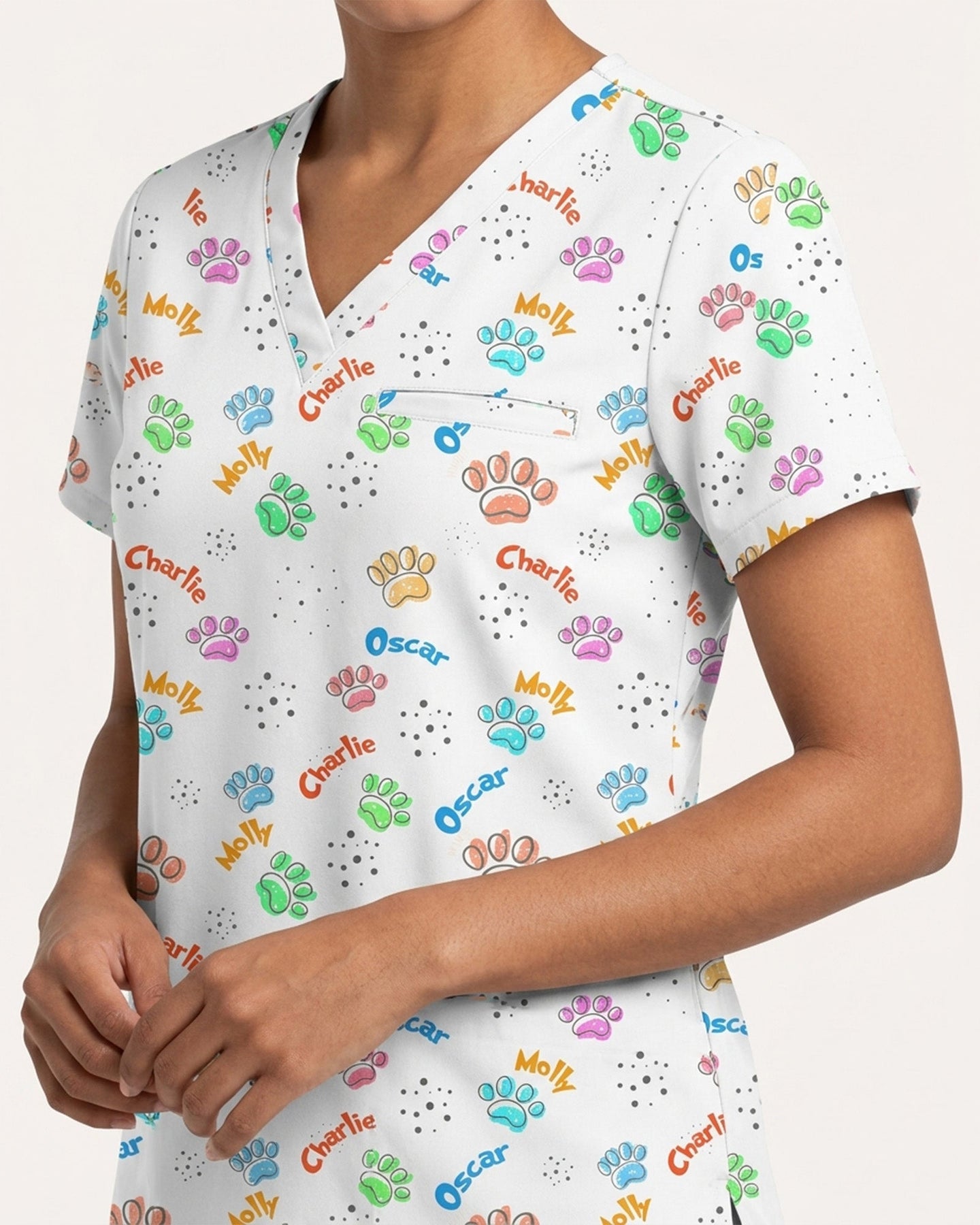 Personalized Pet Name Nurse Dog Mom Cat Mom Paw Pattern Women's One-Pocket V-neck Scrub Top - Scrubloop