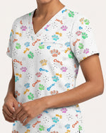 Personalized Pet Name Nurse Dog Mom Cat Mom Paw Pattern Women's One-Pocket V-neck Scrub Top - Scrubloop