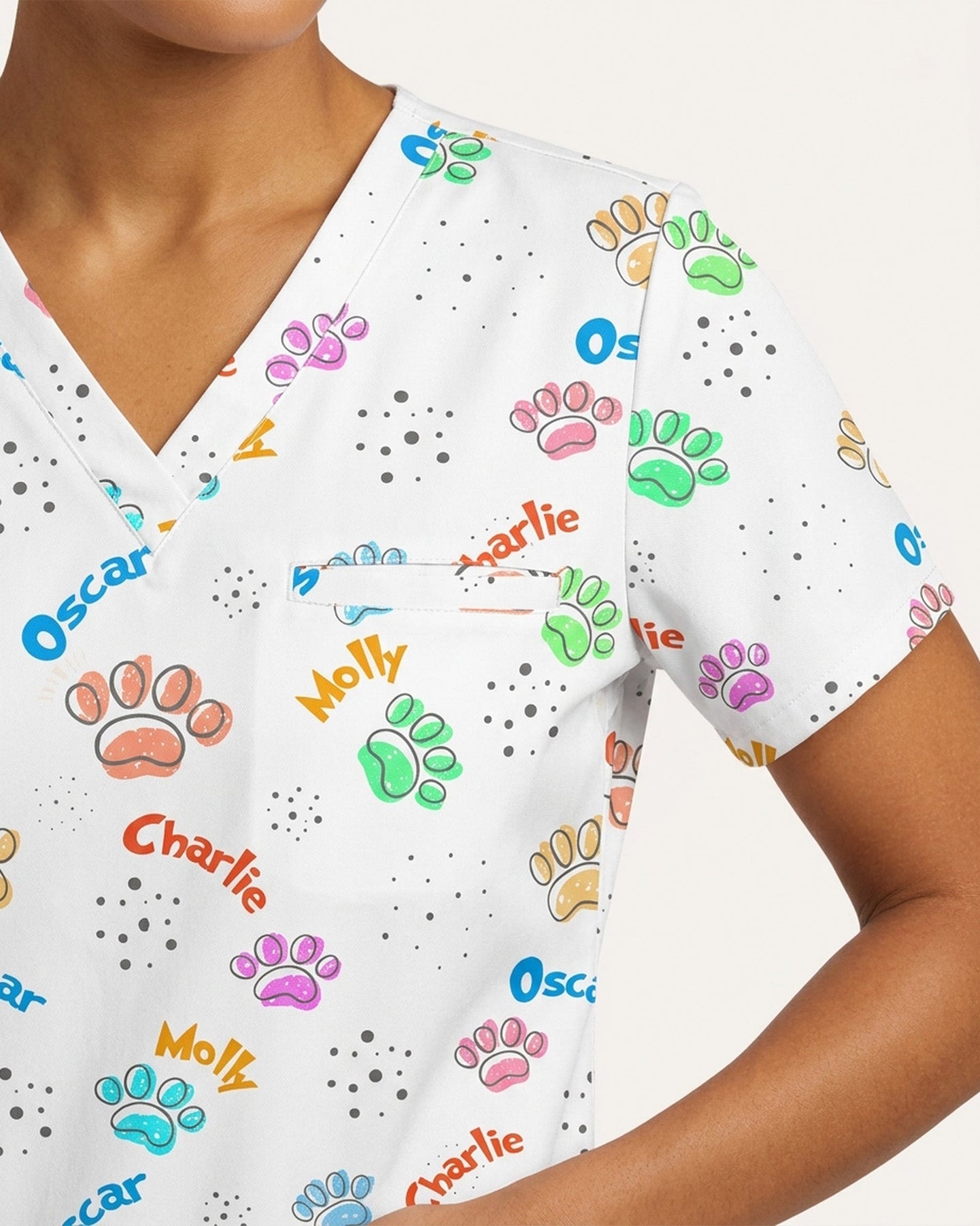 Personalized Pet Name Nurse Dog Mom Cat Mom Paw Pattern Women's One-Pocket V-neck Scrub Top - Scrubloop