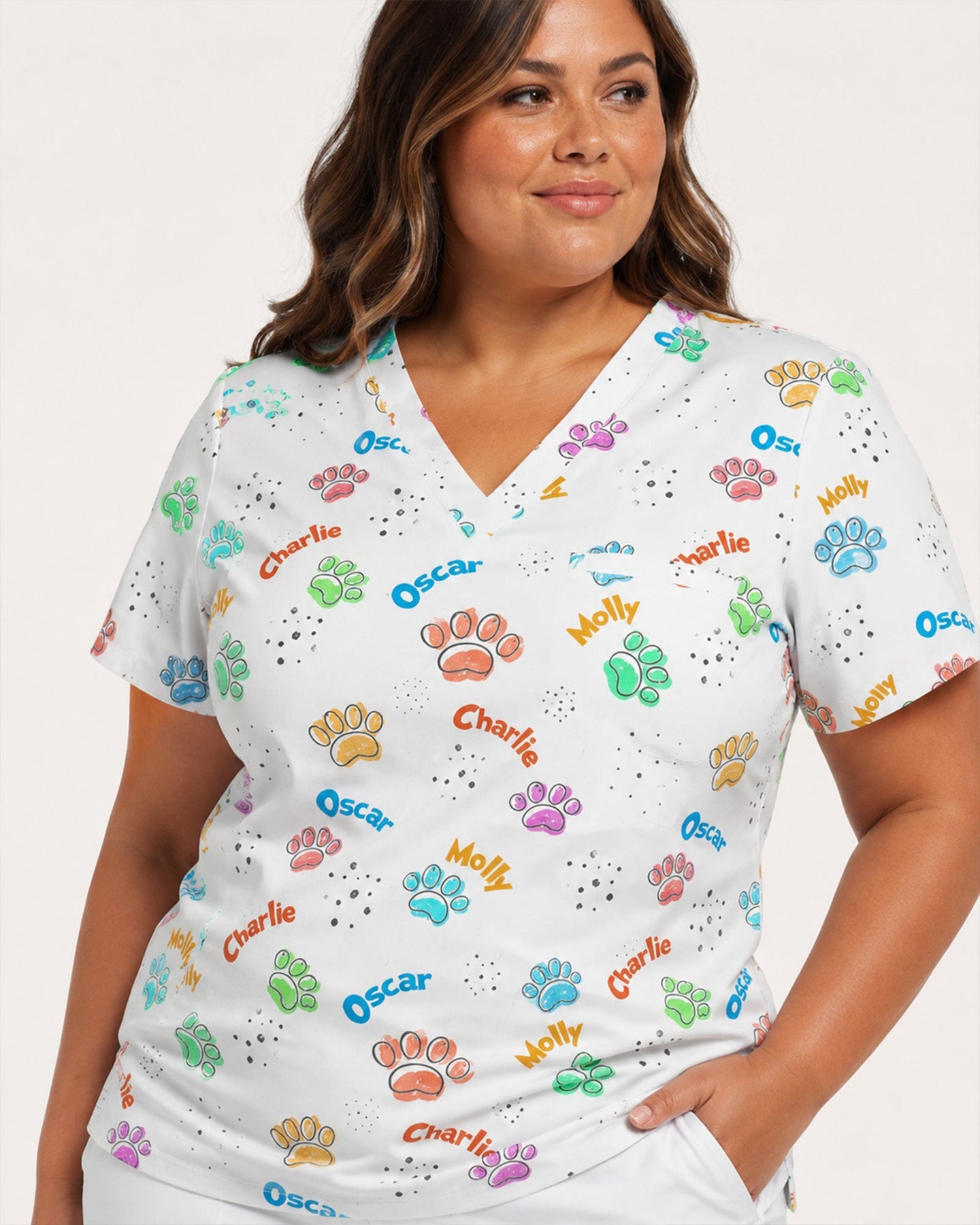 Personalized Pet Name Nurse Dog Mom Cat Mom Paw Pattern Women's One-Pocket V-neck Scrub Top - Scrubloop