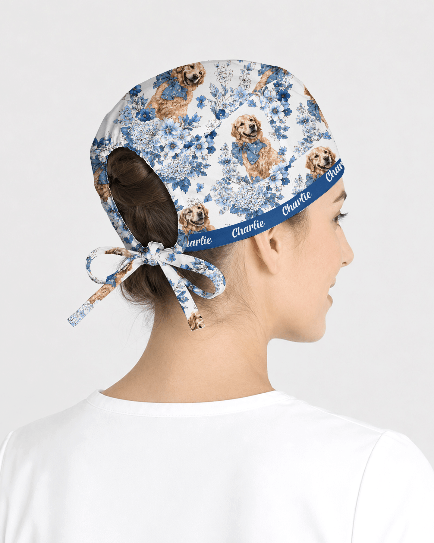 Personalized Pet Portrait And Name Nurse Dog Mom Cat Mom Blue Flower Pattern Cap - Scrubloop