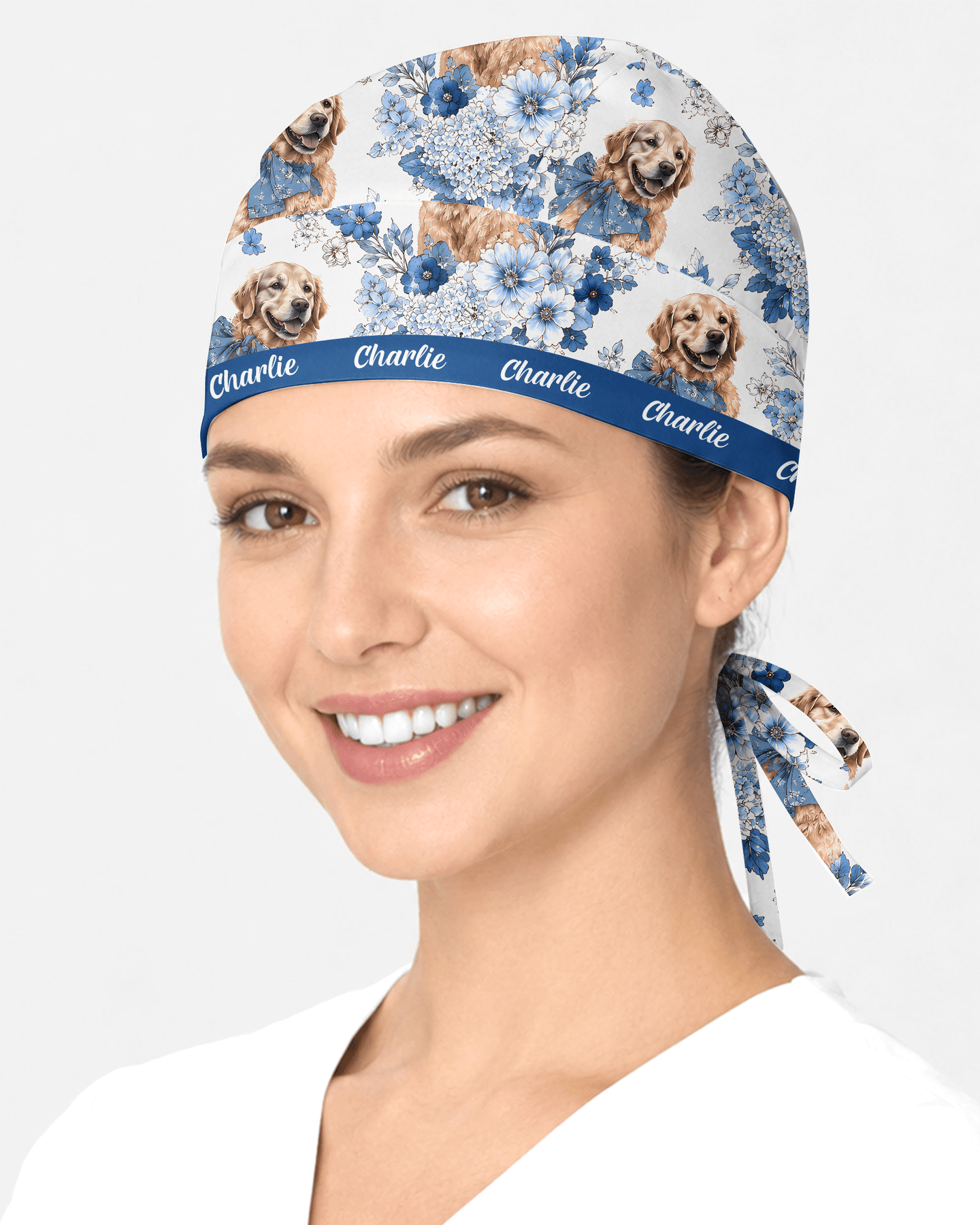 Personalized Pet Portrait And Name Nurse Dog Mom Cat Mom Blue Flower Pattern Cap - Scrubloop