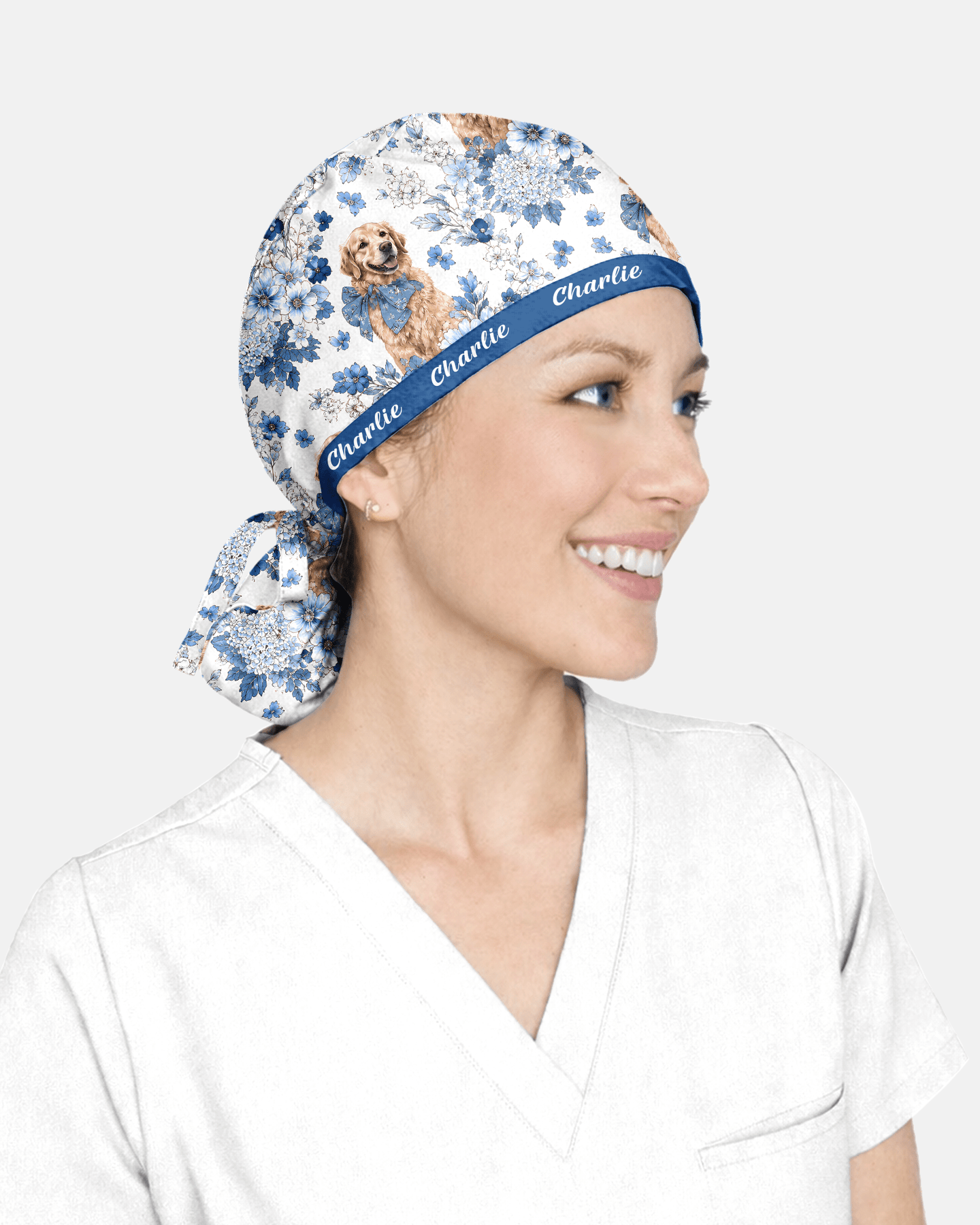 Personalized Pet Portrait And Name Nurse Dog Mom Cat Mom Blue Flower Pattern Cap - Scrubloop