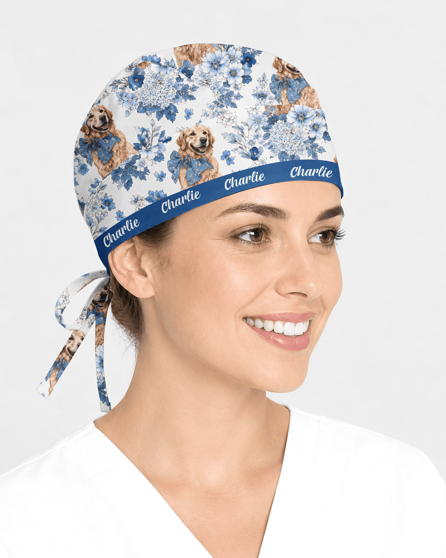 Personalized Pet Portrait And Name Nurse Dog Mom Cat Mom Blue Flower Pattern Cap - Scrubloop