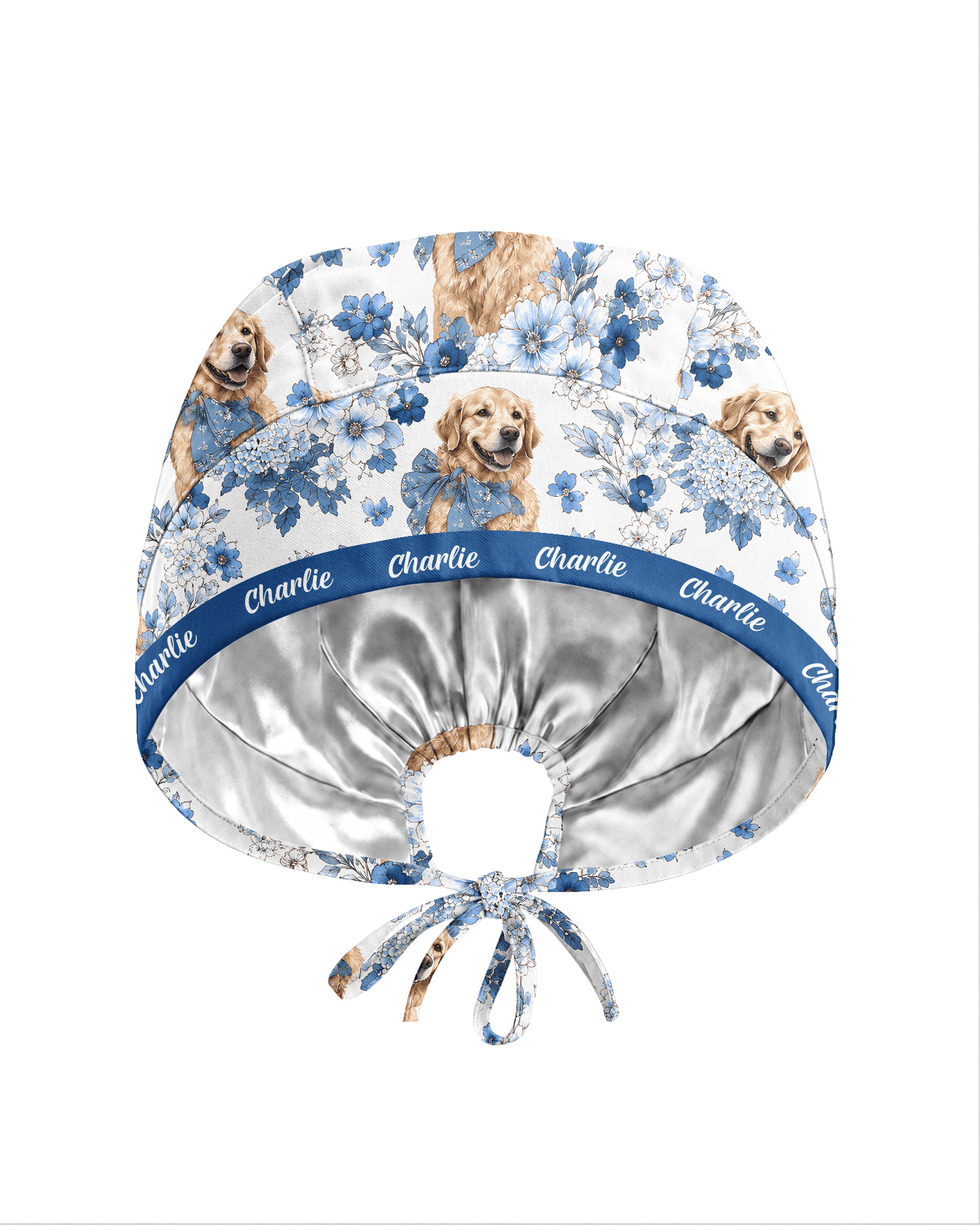 Personalized Pet Portrait And Name Nurse Dog Mom Cat Mom Blue Flower Pattern Cap - Scrubloop