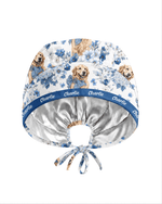 Personalized Pet Portrait And Name Nurse Dog Mom Cat Mom Blue Flower Pattern Cap - Scrubloop