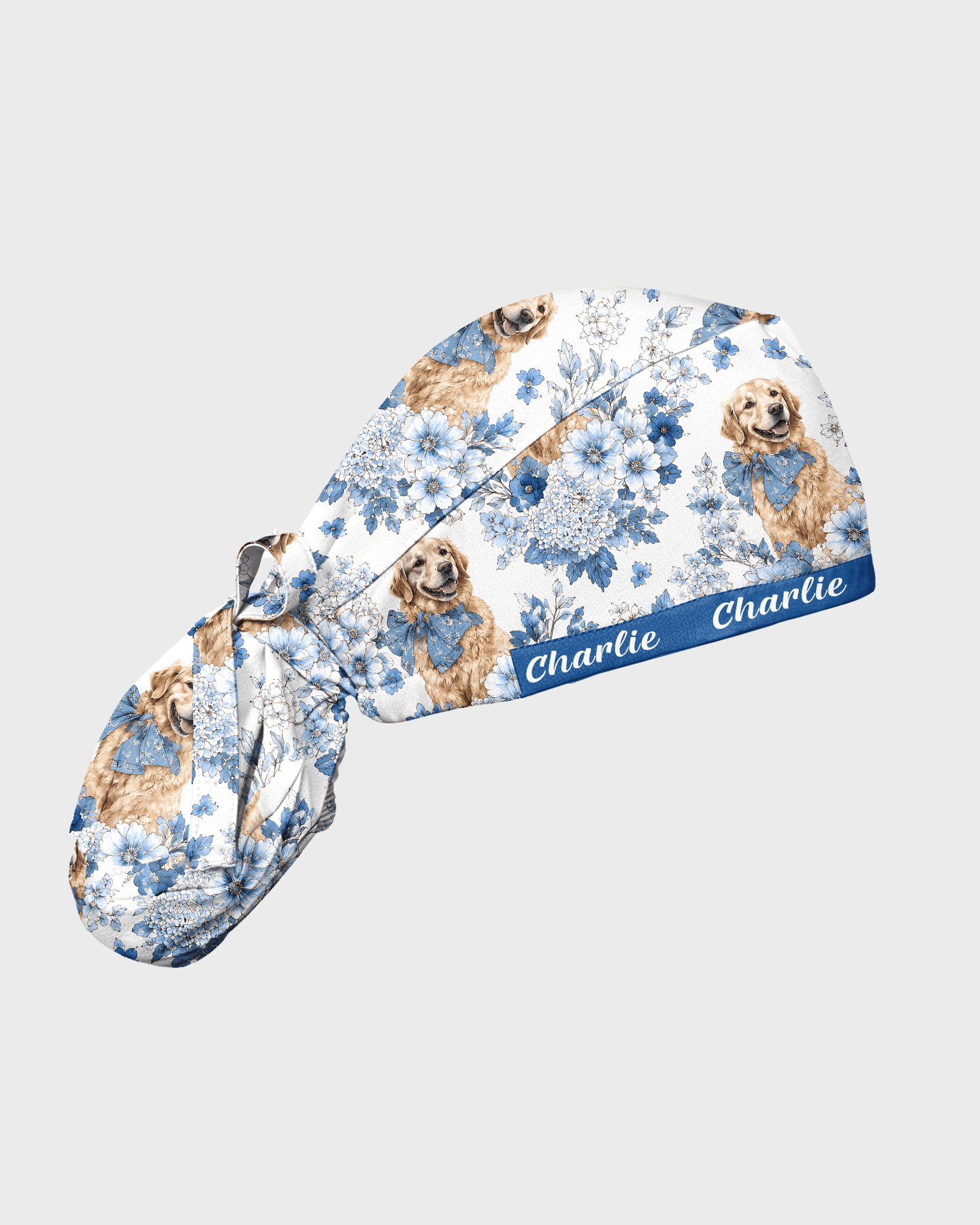 Personalized Pet Portrait And Name Nurse Dog Mom Cat Mom Blue Flower Pattern Cap - Scrubloop