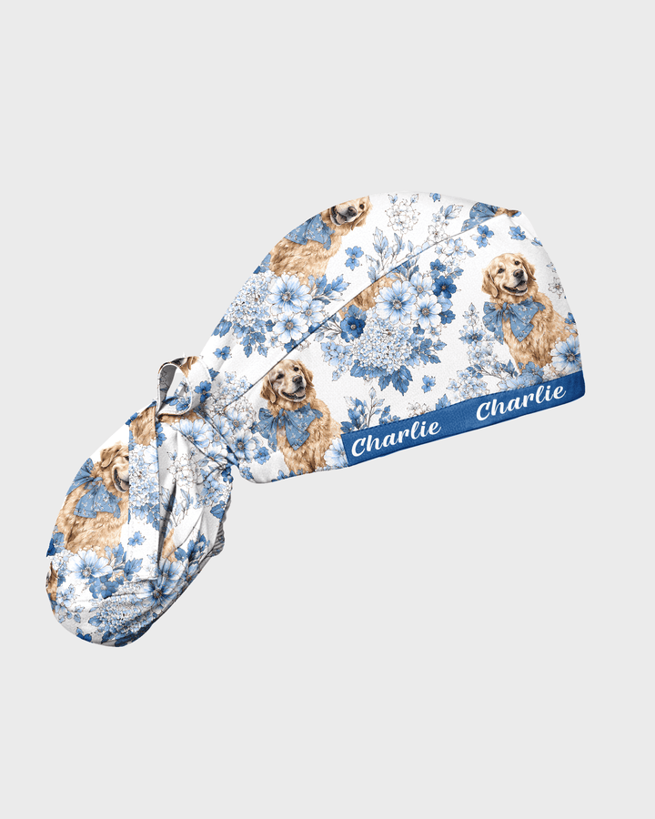 Personalized Pet Portrait And Name Nurse Dog Mom Cat Mom Blue Flower Pattern Cap