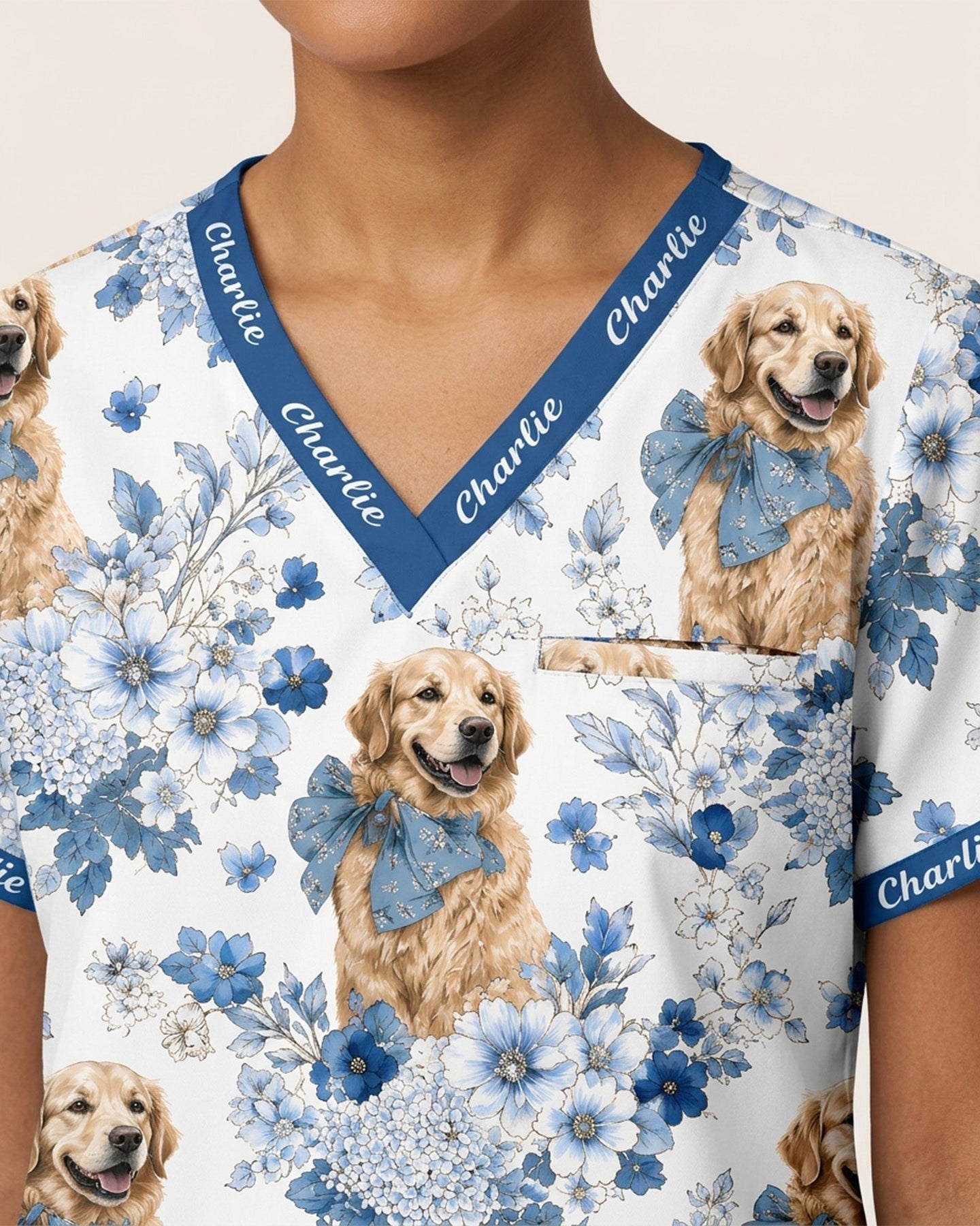 Personalized Pet Portrait And Name Nurse Dog Mom Cat Mom Blue Flower Pattern Women's One-Pocket V-neck Scrub Top - Scrubloop