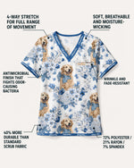 Personalized Pet Portrait And Name Nurse Dog Mom Cat Mom Blue Flower Pattern Women's One-Pocket V-neck Scrub Top - Scrubloop