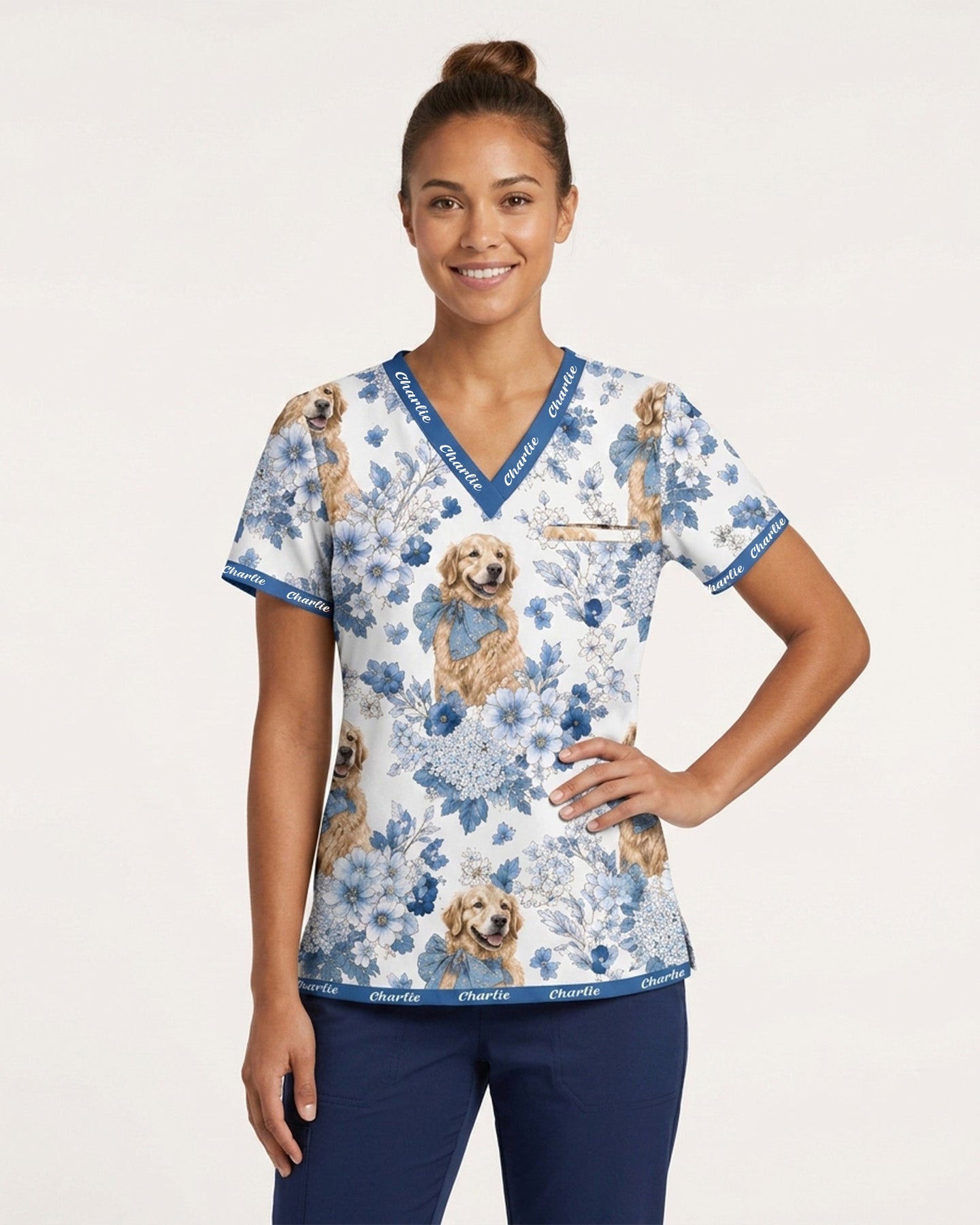 Personalized Pet Portrait And Name Nurse Dog Mom Cat Mom Blue Flower Pattern Women's One-Pocket V-neck Scrub Top - Scrubloop