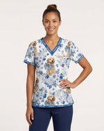 Personalized Pet Portrait And Name Nurse Dog Mom Cat Mom Blue Flower Pattern Women's One-Pocket V-neck Scrub Top - Scrubloop