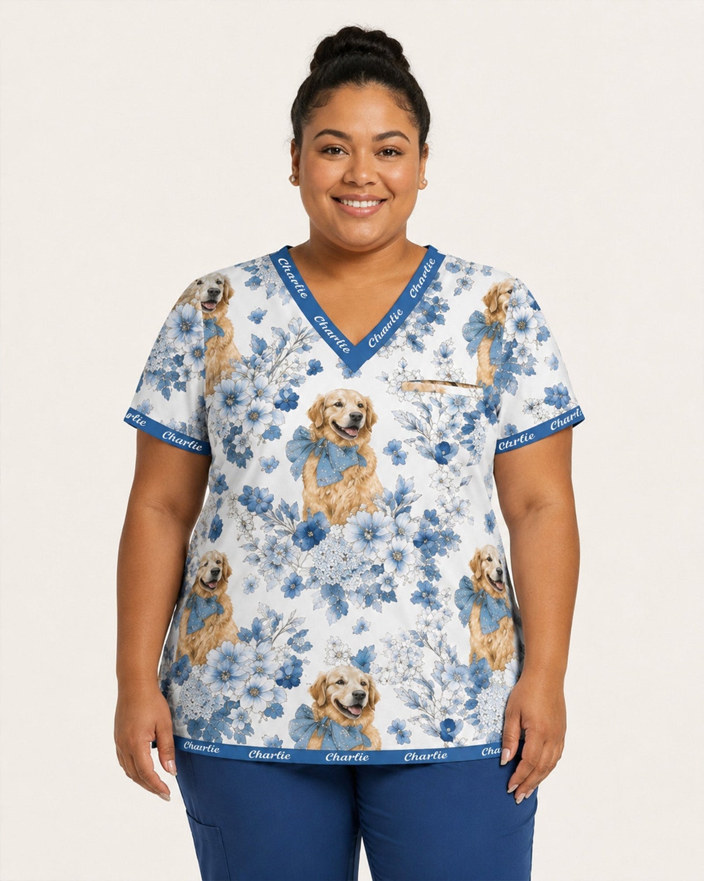 Personalized Pet Portrait And Name Nurse Dog Mom Cat Mom Blue Flower Pattern Women's One-Pocket V-neck Scrub Top - Scrubloop