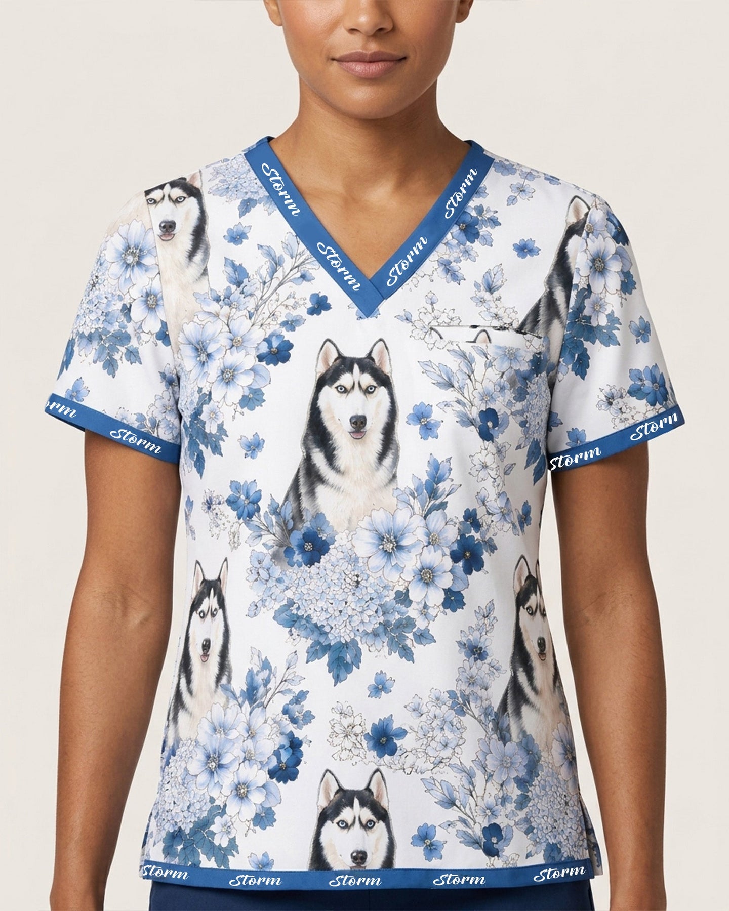 Personalized Pet Portrait And Name Nurse Dog Mom Cat Mom Blue Flower Pattern Women's One-Pocket V-neck Scrub Top - Scrubloop