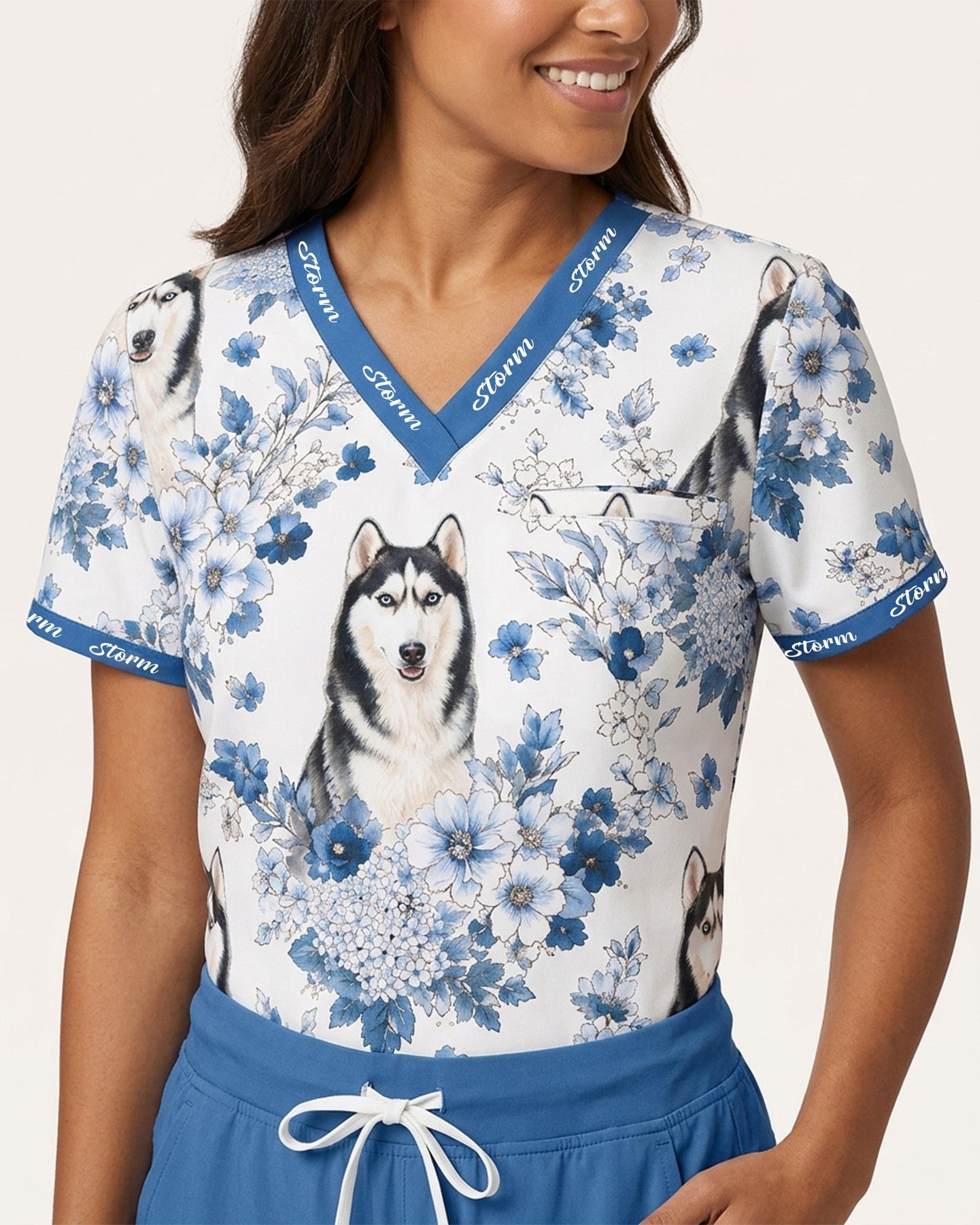 Personalized Pet Portrait And Name Nurse Dog Mom Cat Mom Blue Flower Pattern Women's One-Pocket V-neck Scrub Top - Scrubloop