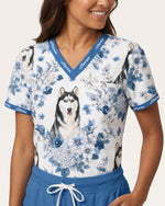Personalized Pet Portrait And Name Nurse Dog Mom Cat Mom Blue Flower Pattern Women's One-Pocket V-neck Scrub Top - Scrubloop