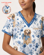 Personalized Pet Portrait And Name Nurse Dog Mom Cat Mom Blue Flower Pattern Women's One-Pocket V-neck Scrub Top - Scrubloop