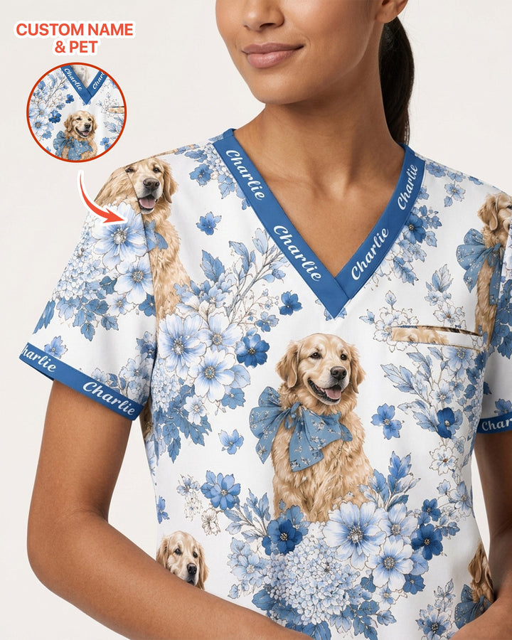 Personalized Pet Portrait And Name Nurse Dog Mom Cat Mom Blue Flower Pattern Top