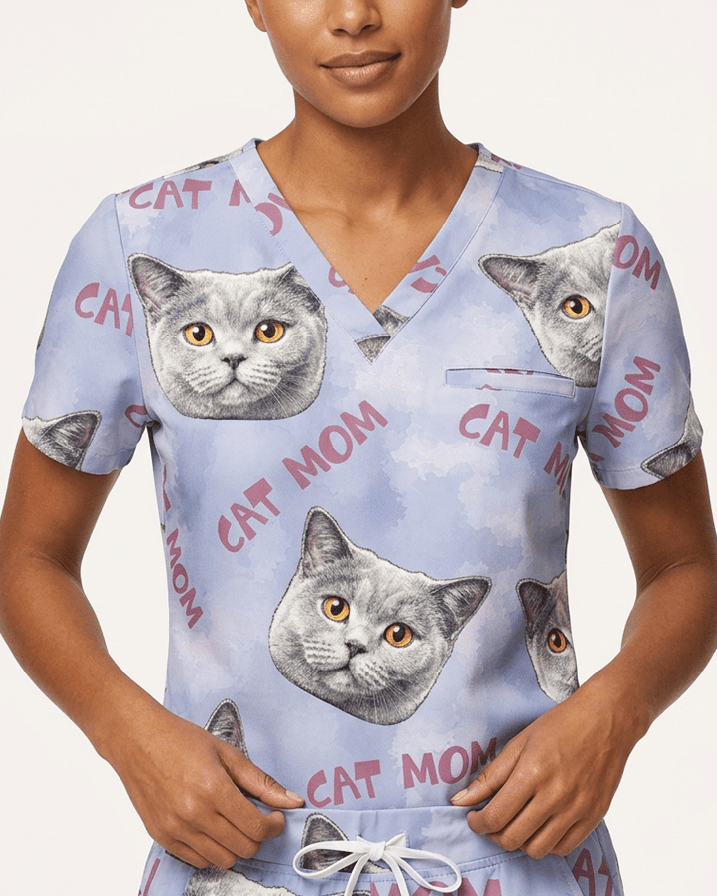 Personalized Pet Portrait And Text Nurse Dog Mom Cat Mom Women's One-Pocket V-neck Scrub Set - Scrubloop