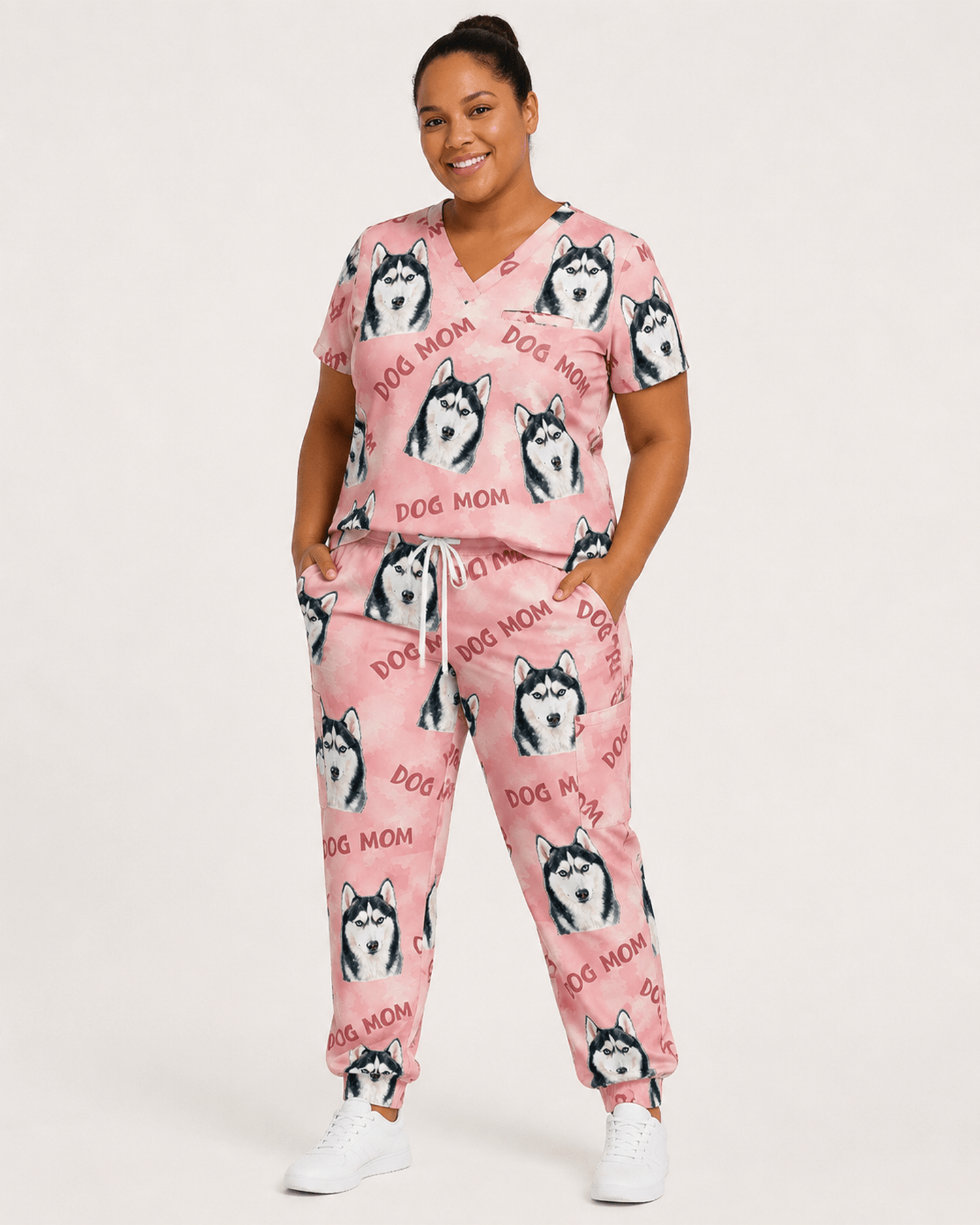 Personalized Pet Portrait And Text Nurse Dog Mom Cat Mom Women's One-Pocket V-neck Scrub Set - Scrubloop
