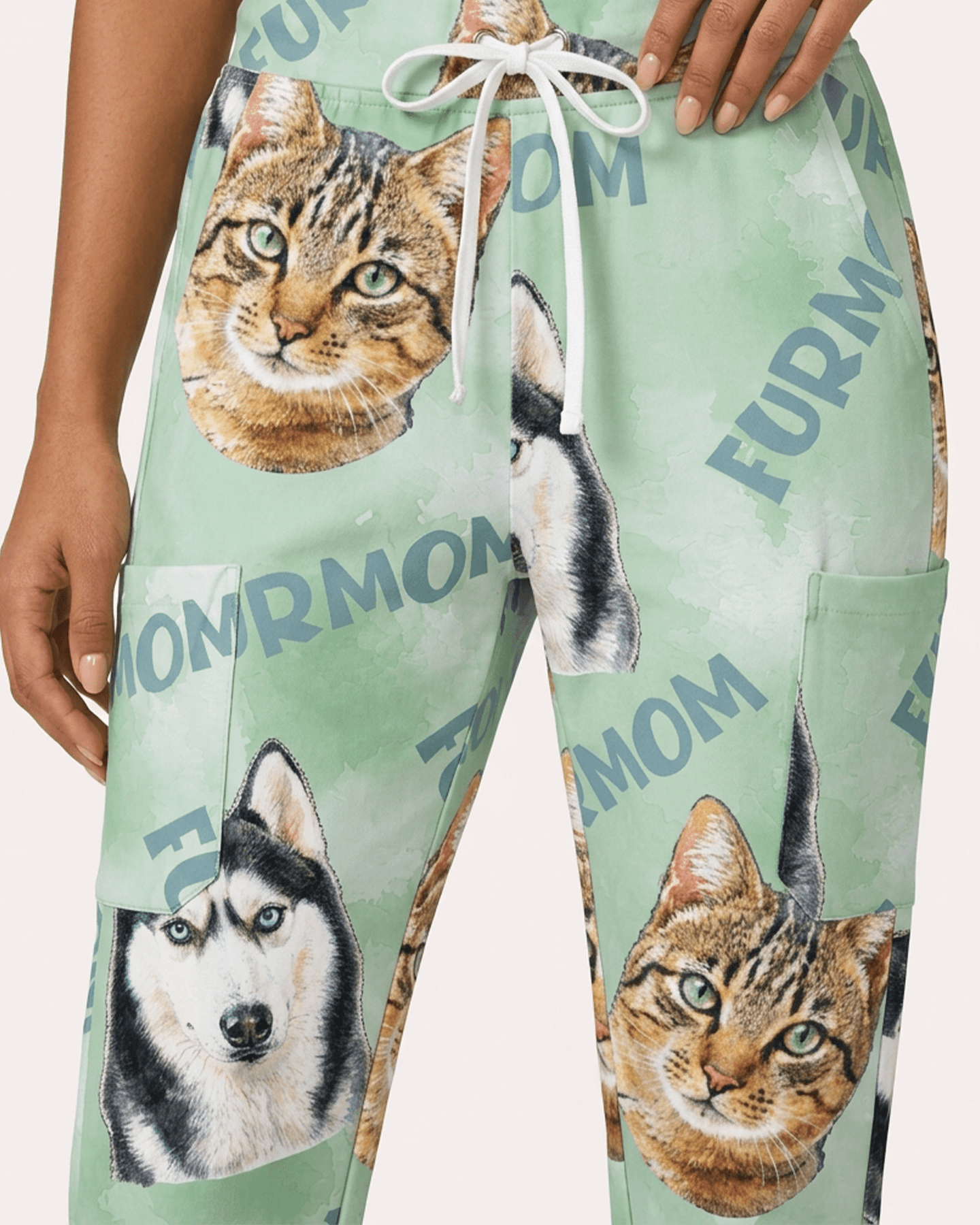 Personalized Pet Portrait And Text Nurse Dog Mom Cat Mom Women's One-Pocket V-neck Scrub Set - Scrubloop