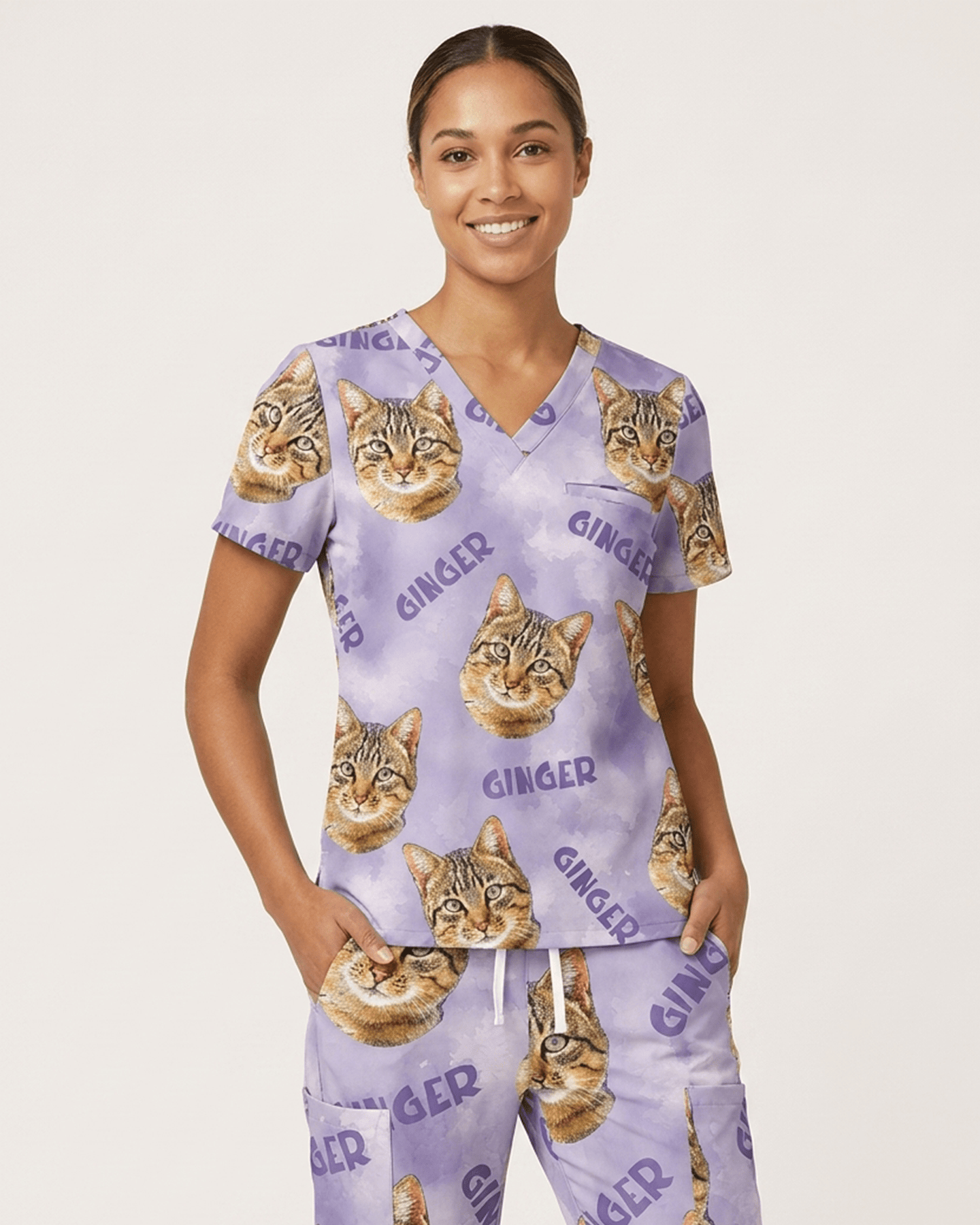 Personalized Pet Portrait And Text Nurse Dog Mom Cat Mom Women's One-Pocket V-neck Scrub Set - Scrubloop