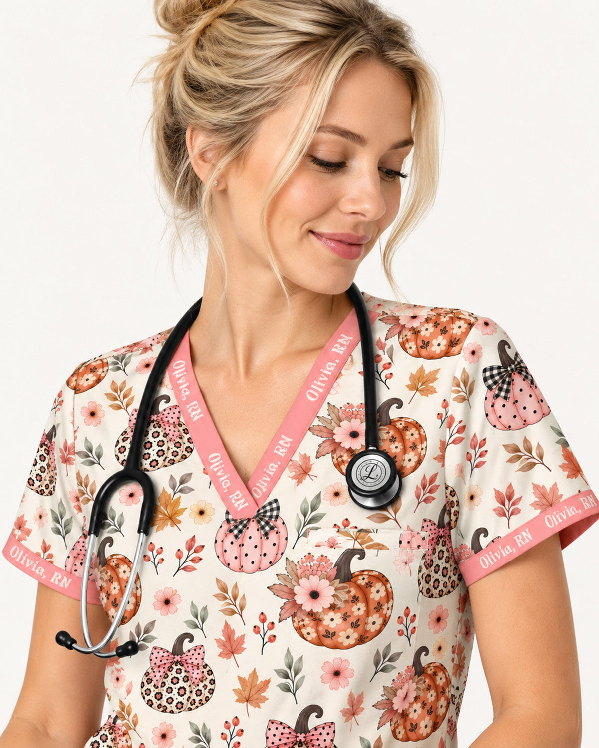 Personalized Text Autumn Vibe Pattern Gift For Nurse Top - Scrubloop