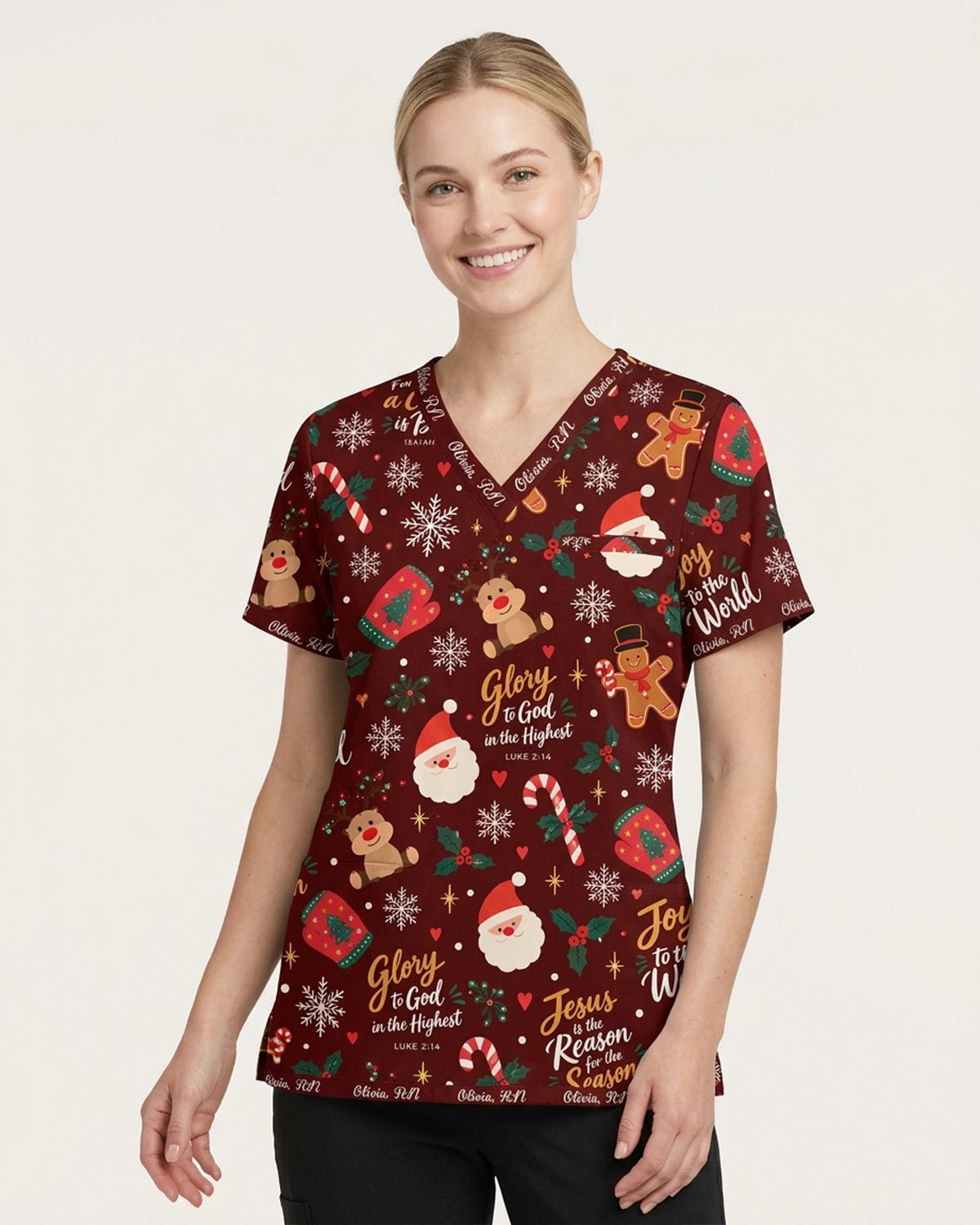 Personalized Text Christmas Things Pattern Gift For Nurse Top - Scrubloop