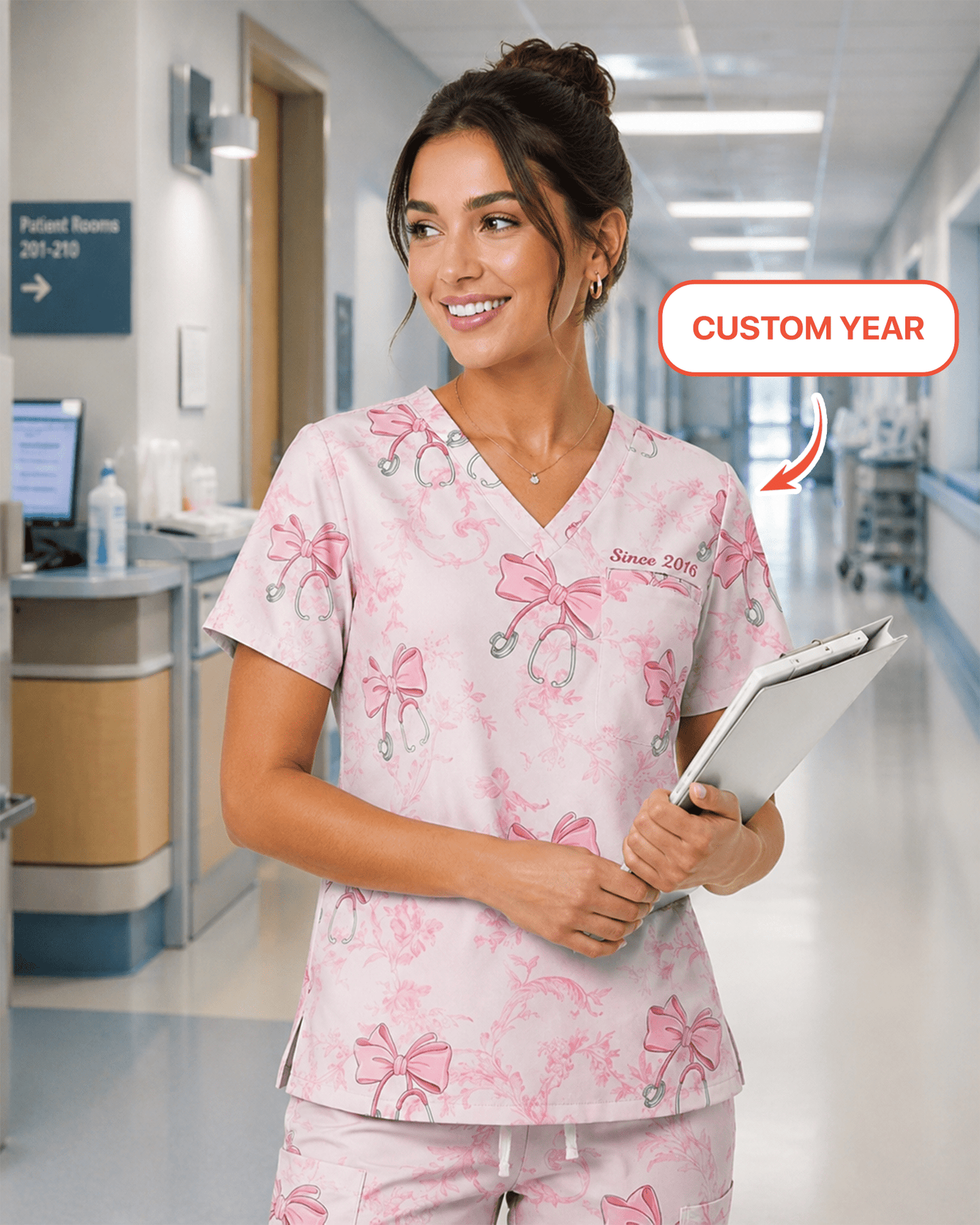 Personalized Year Nurse Stethoscope Bow Women's One-Pocket V-neck Scrub Set - Scrubloop