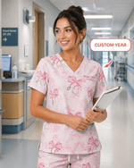 Personalized Year Nurse Stethoscope Bow Women's One-Pocket V-neck Scrub Set - Scrubloop