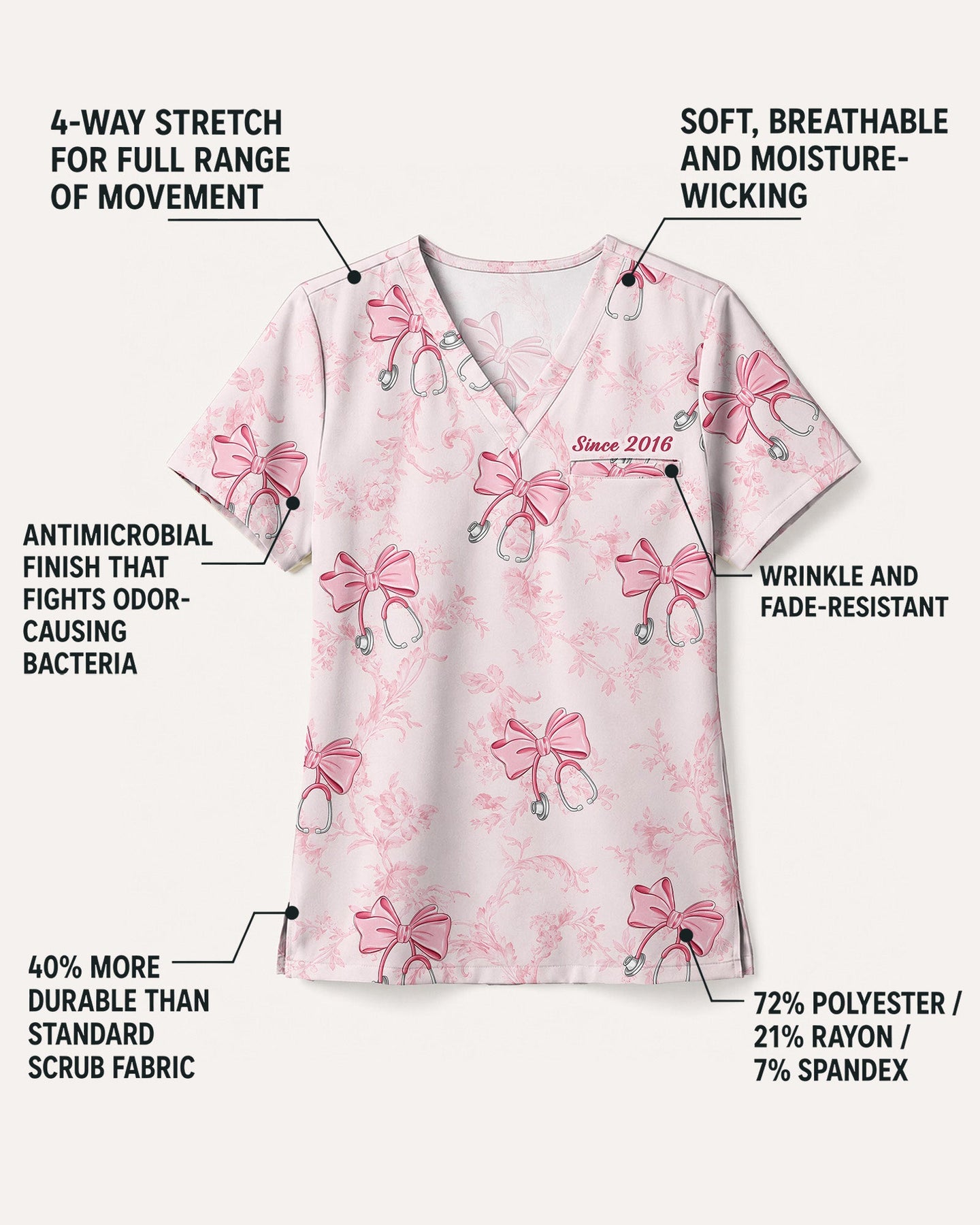 Personalized Year Nurse Stethoscope Bow Women's One-Pocket V-neck Scrub Set - Scrubloop