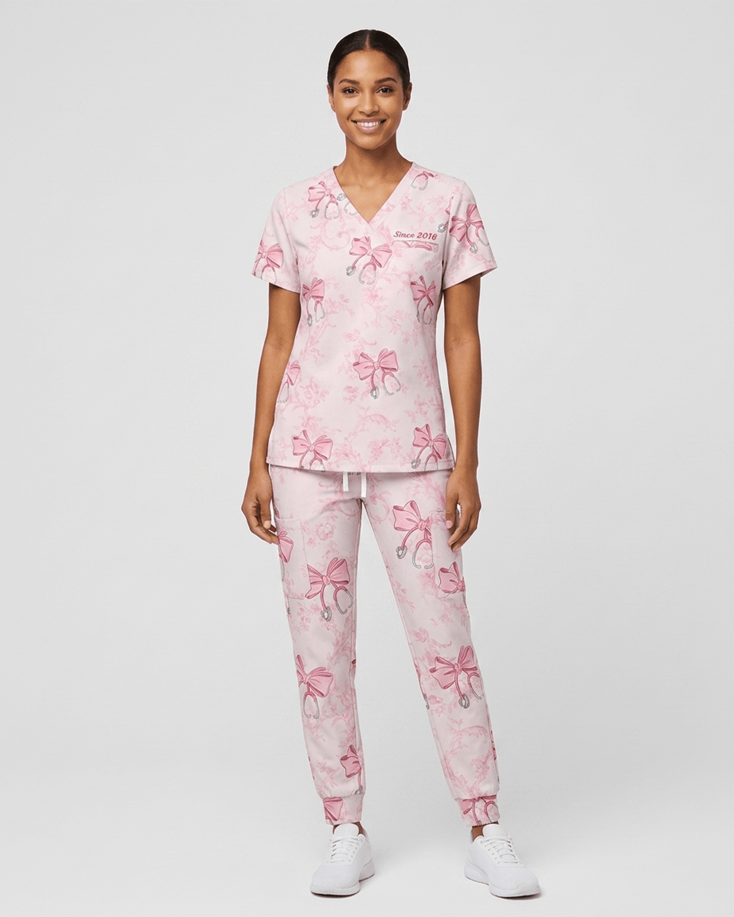 Personalized Year Nurse Stethoscope Bow Women's One-Pocket V-neck Scrub Set - Scrubloop