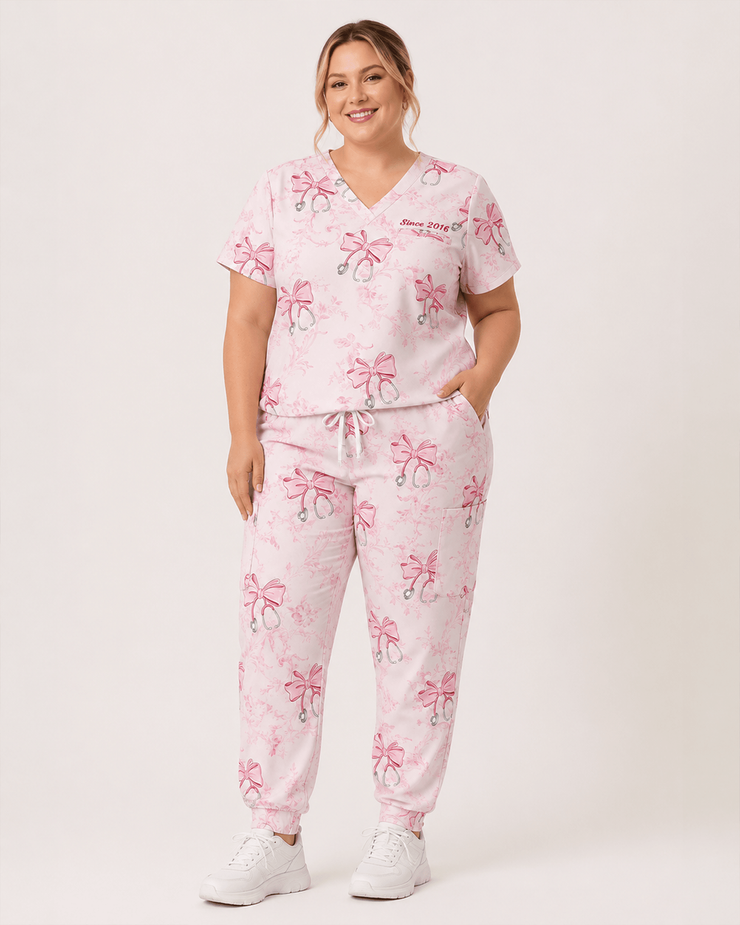 Personalized Year Nurse Stethoscope Bow Women's One-Pocket V-neck Scrub Set - Scrubloop