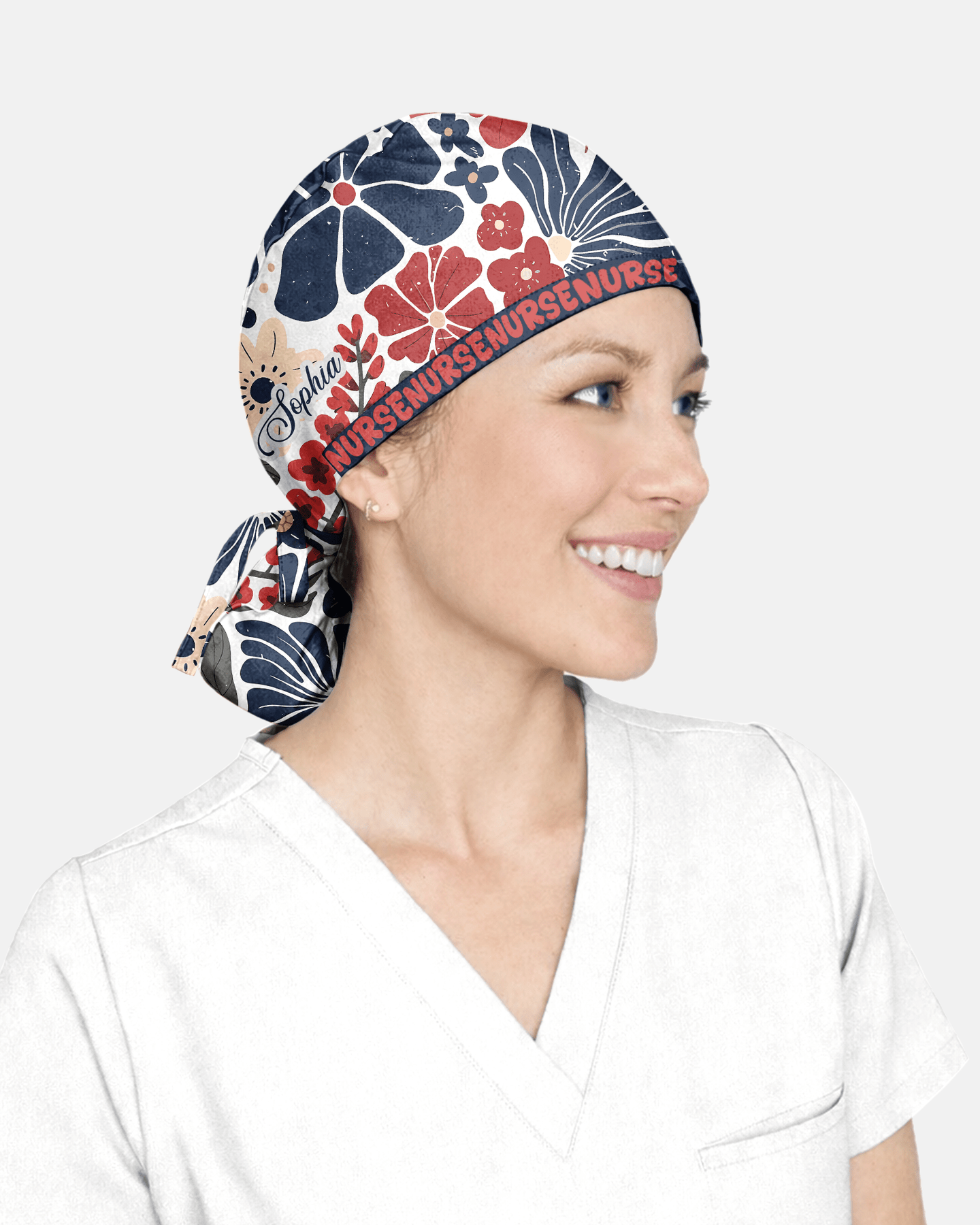 Personalized Year Nurse Vintage Flower Pattern Premium Satin-Lined Scrub Cap - Scrubloop